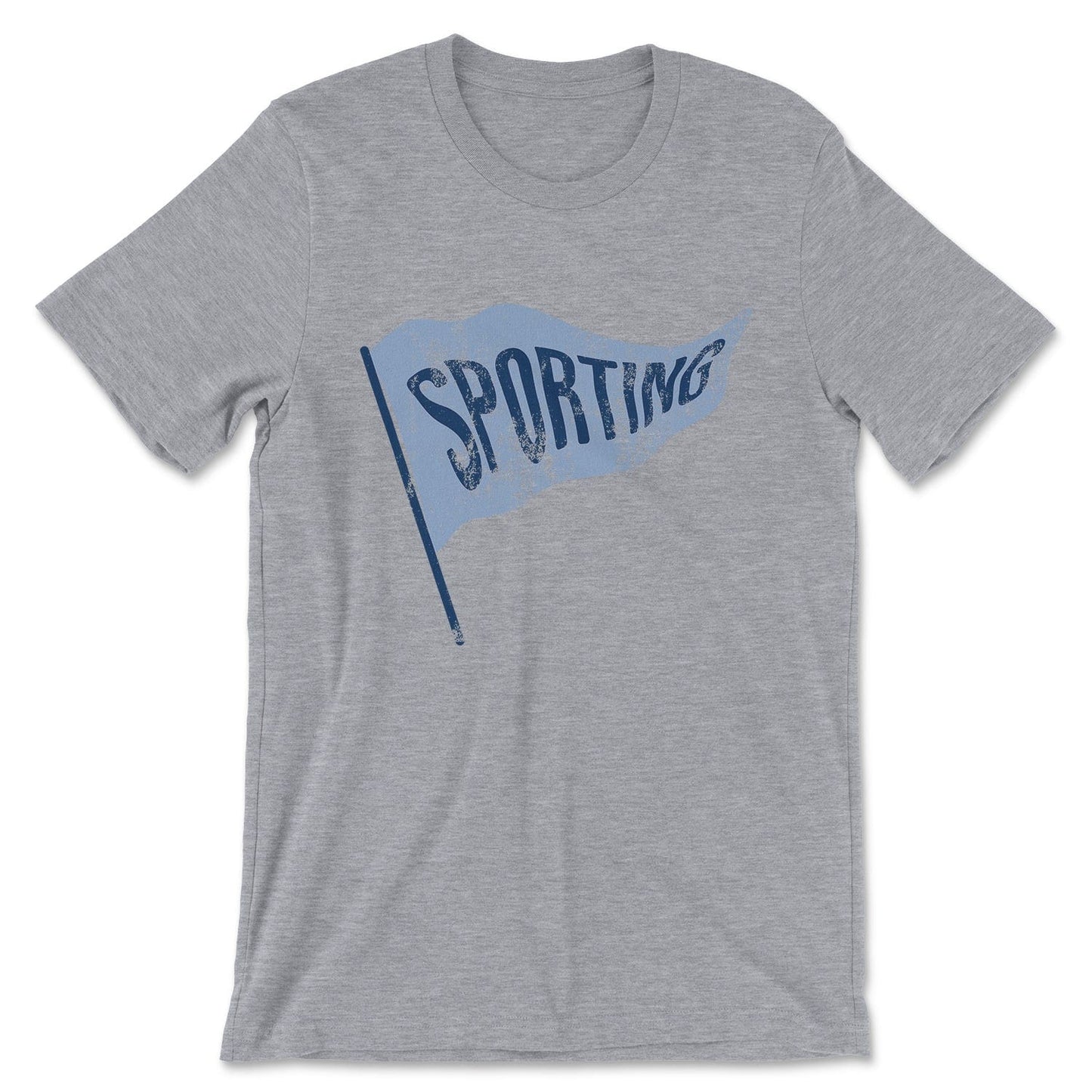 KC Swag Sporting Kansas City powder blue/navy SPORTING PENNANT on athletic heather grey t-shirt