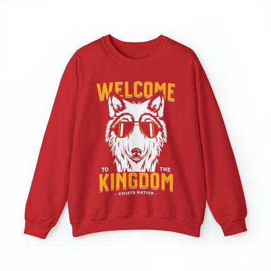 KC Swag Kansas City Chiefs Distressed White & Gold Cool Wolf Kingdom on a Red Crewneck Sweatshirt 