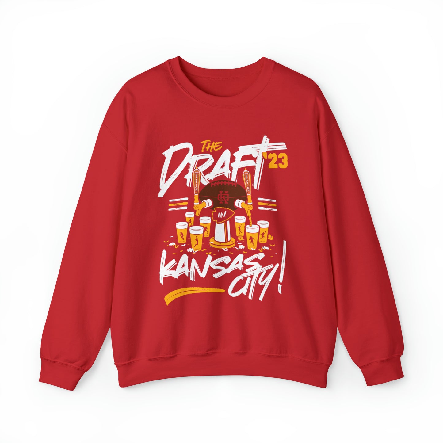 KC Swag Kansas City Chiefs Distressed White & Gold Draftin' IN KC 2023 on a Red Crewneck Sweatshirt 