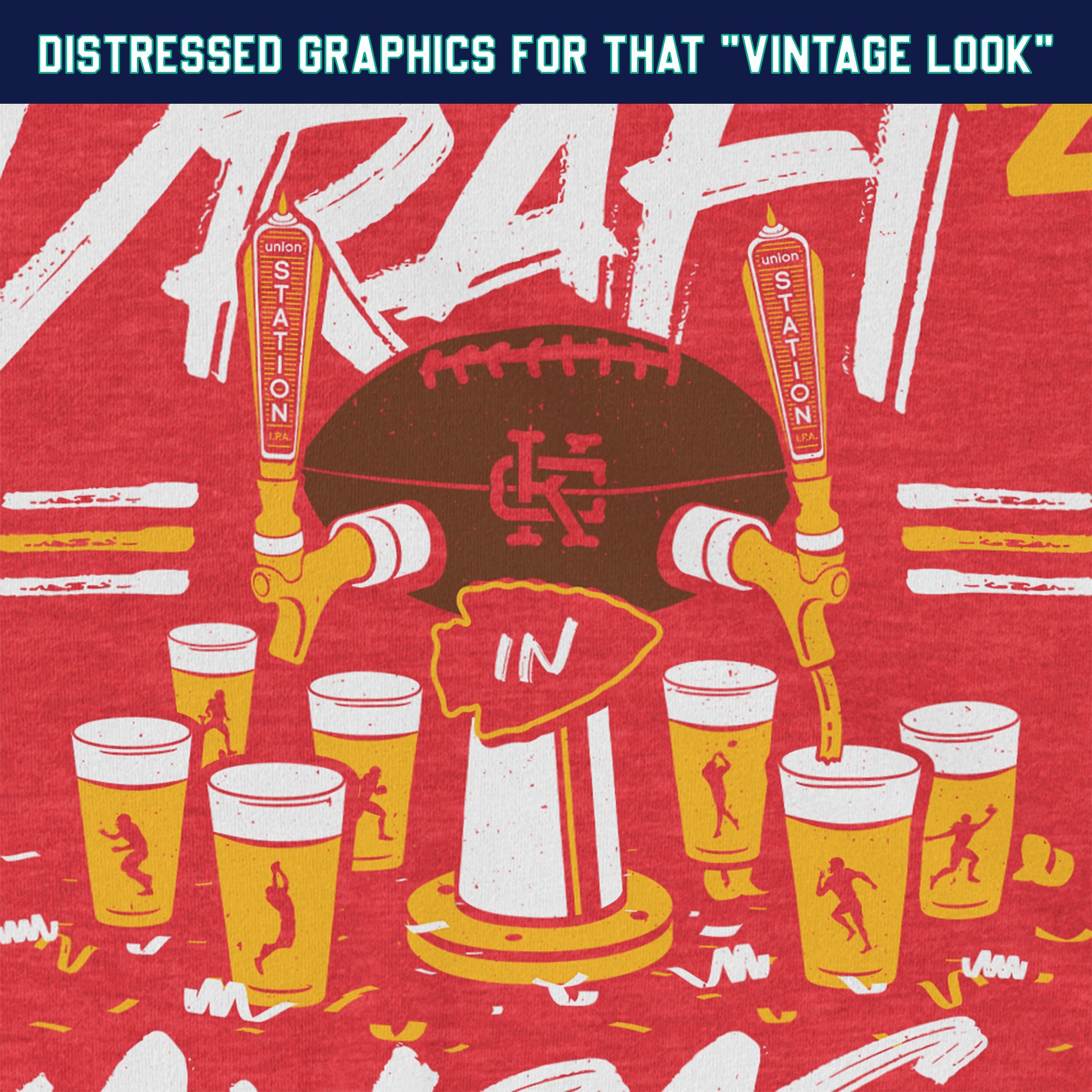 KC Swag | Kansas City Chiefs red & gold DRAFTIN' IN KC 2023 on heather red unisex t-shirt closeup details of distressed graphics