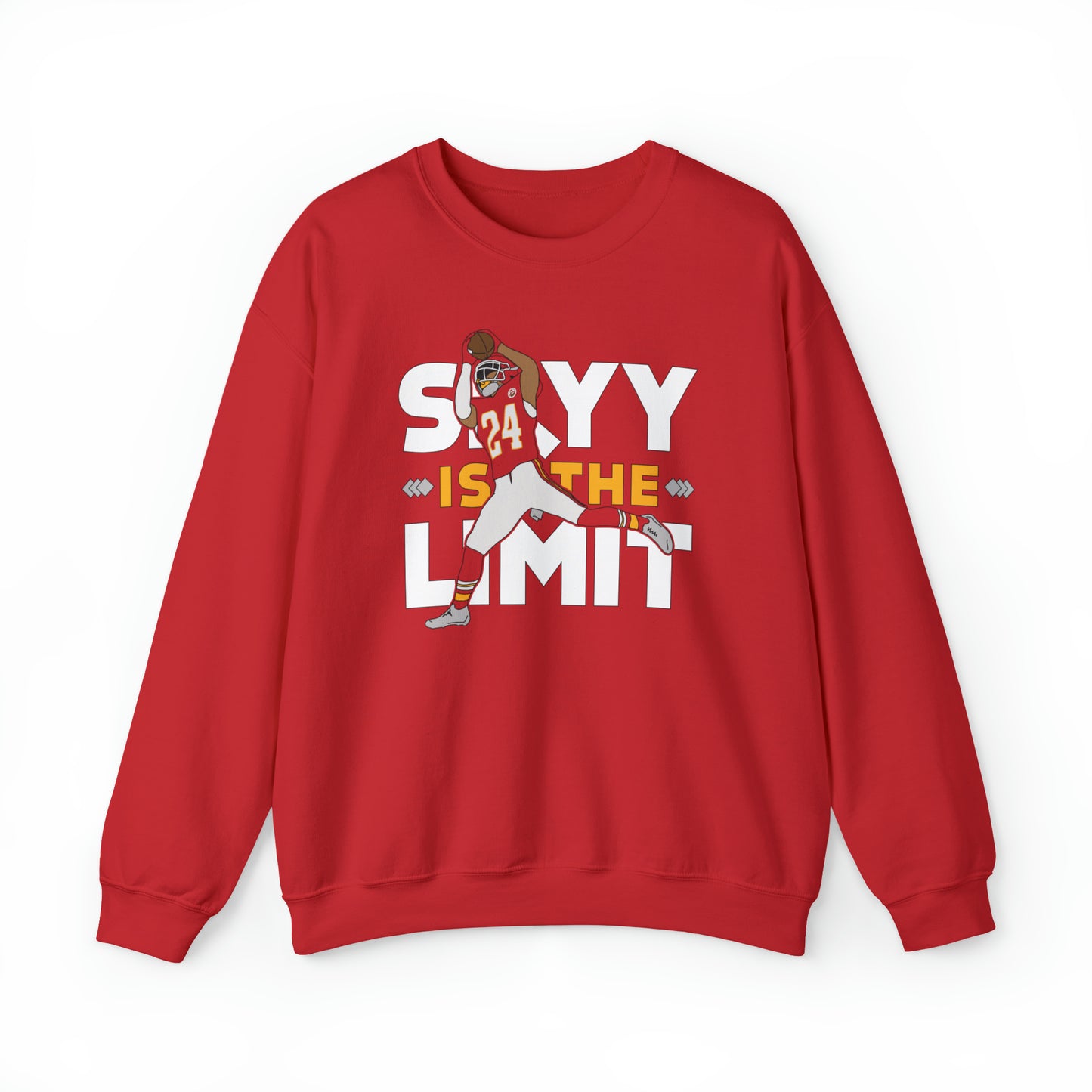 KC Swag Kansas City Chiefs White & Gold Skyy Is The Limit (with football player) on a Red Crewneck Sweatshirt 