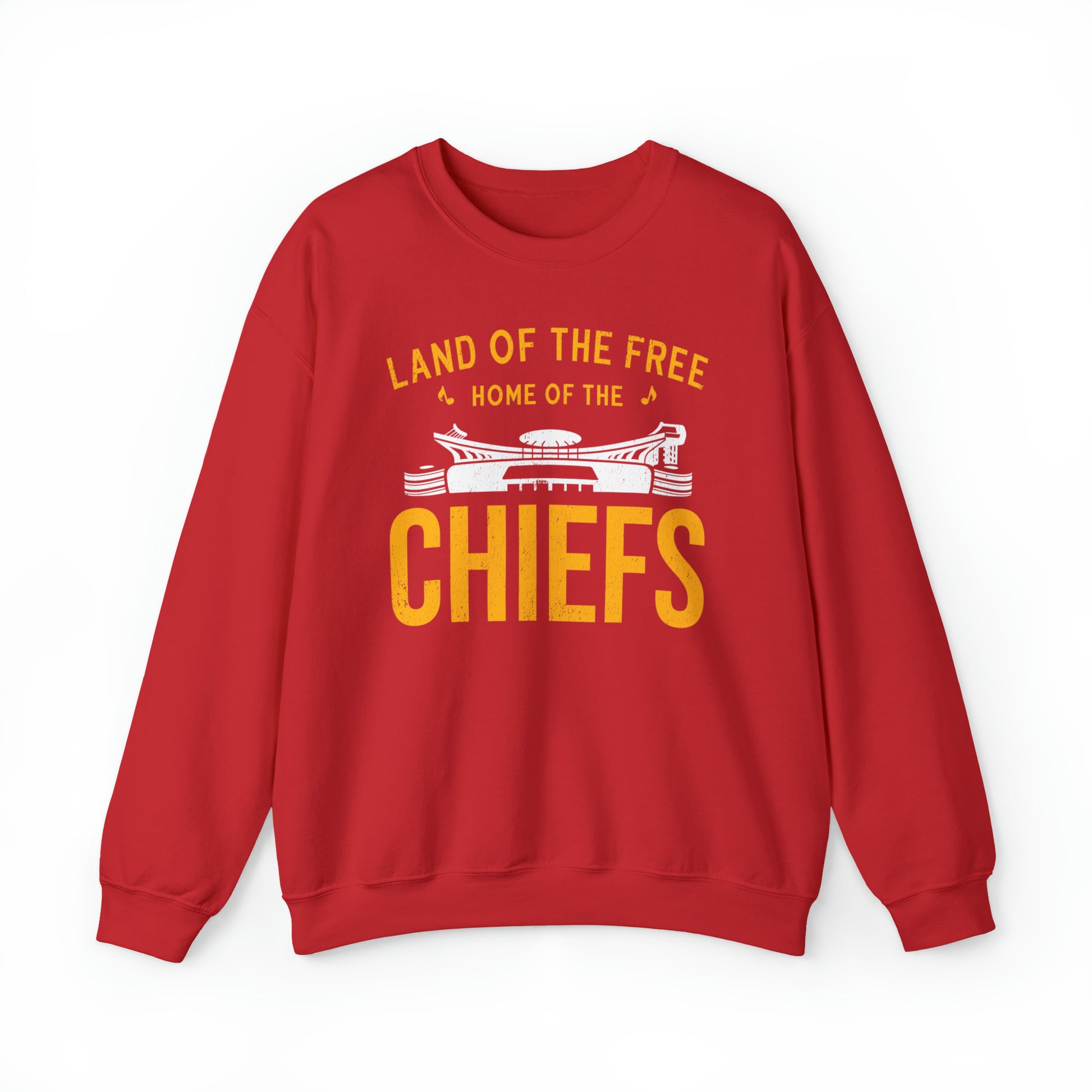 KC Swag Kansas City Chiefs Distressed White & Gold Home Of The Chiefs on a Red Crewneck Sweatshirt 