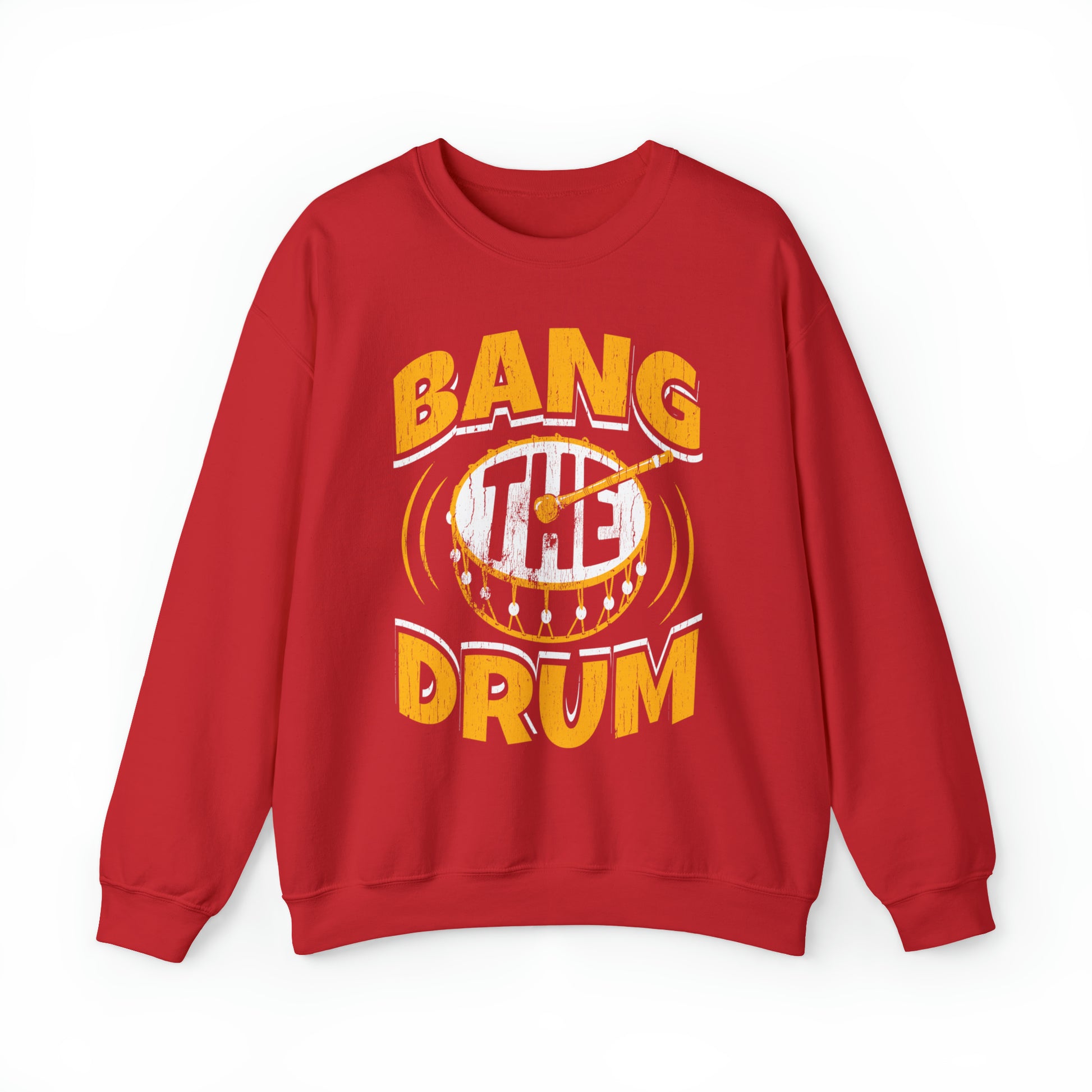 KC Swag Kansas City Chiefs Distressed White & Gold Band The Drum on a Red Crewneck Sweatshirt 