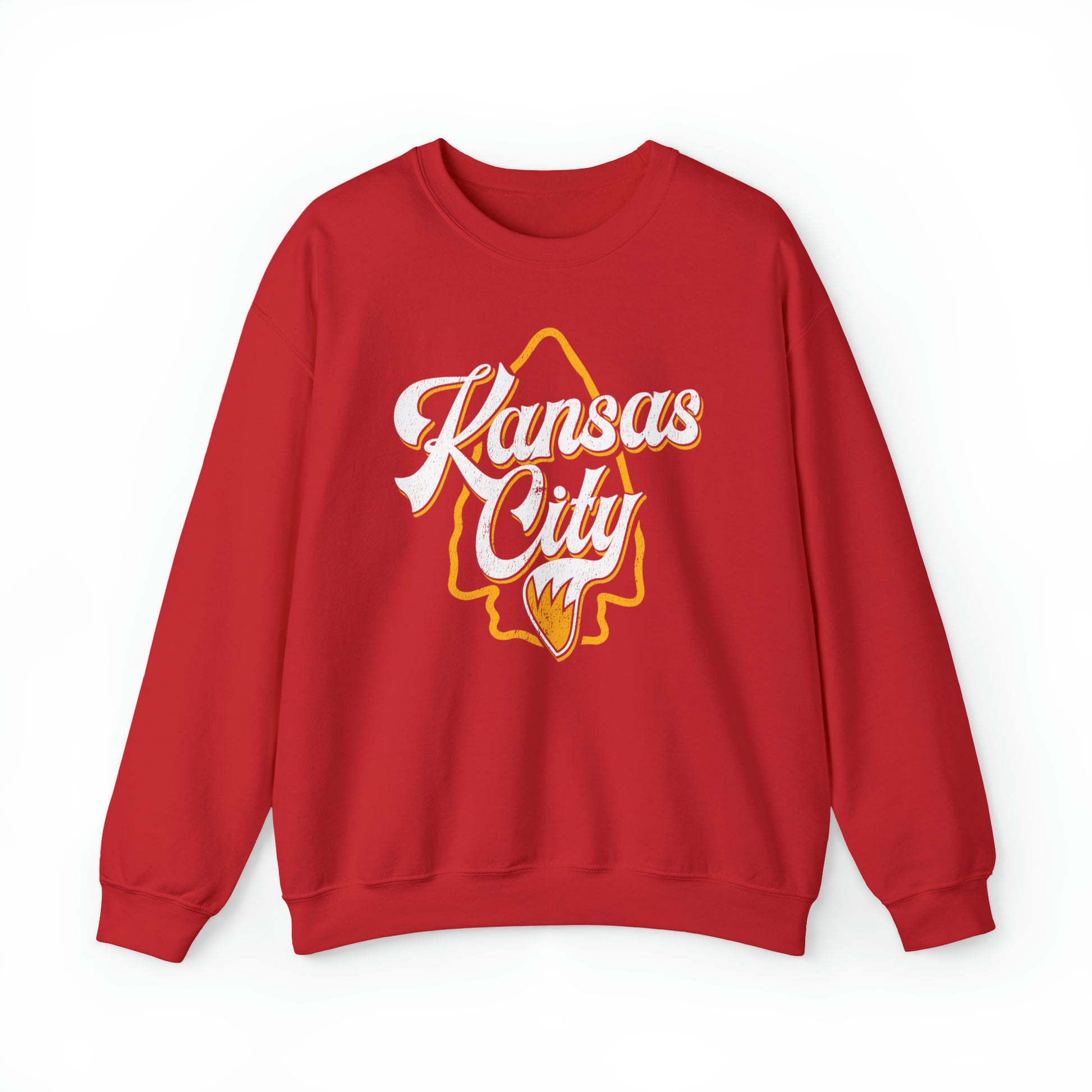 KC Swag Kansas City Chiefs Distressed White & Gold Wolftail KC on a Red Crewneck Sweatshirt 