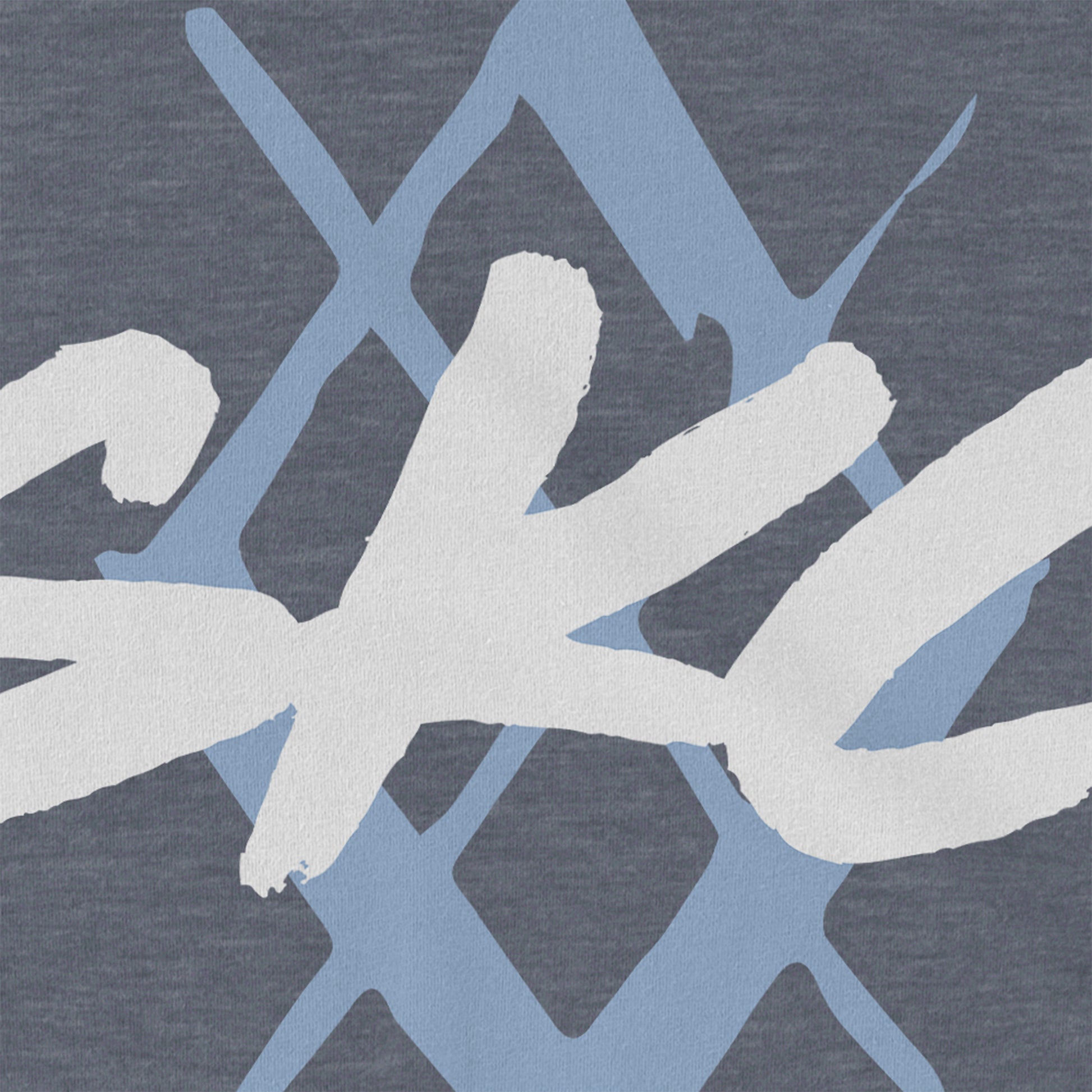 KC Swag Sporting Kansas City PAINTED SKC DIAMOND on heather slate unisex t-shirt closeup details of printed graphics