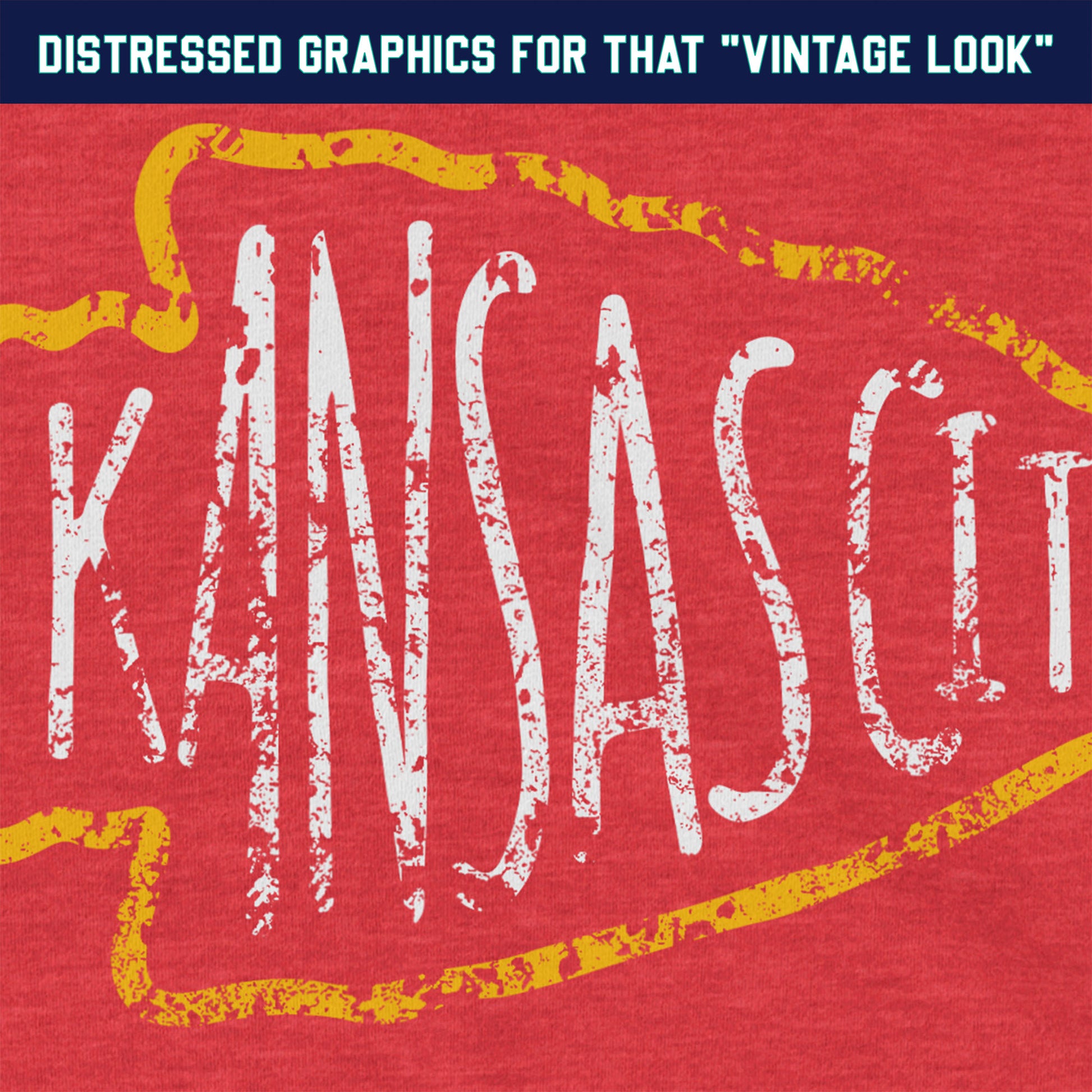 KC Swag Kansas City Chiefs white KANSA CITY inside yellow arrowhead outline on heather red t-shirt closeup details of distressed graphics