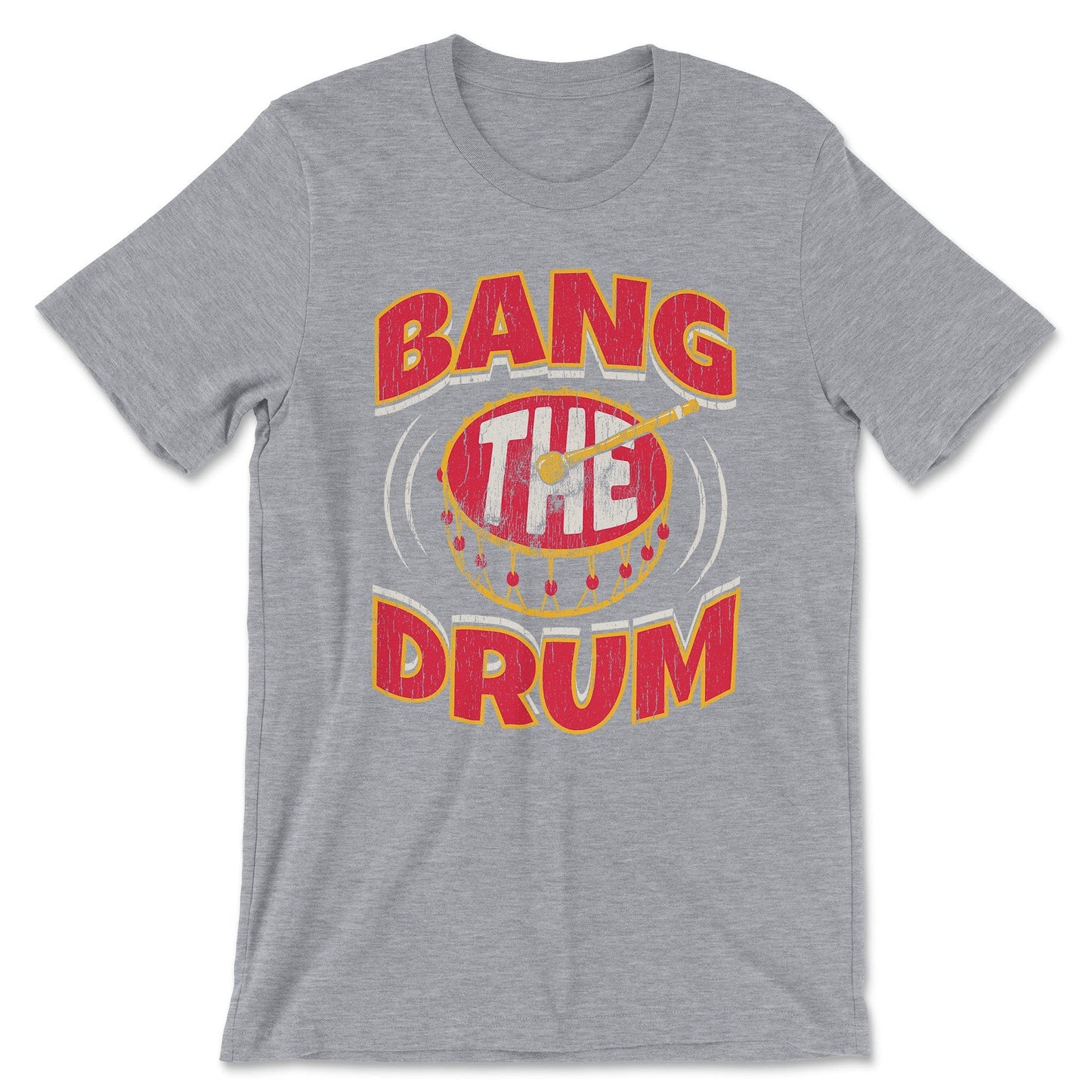 KC Swag | Kansas City Chiefs white, gold & red BANG THE DRUM on athletic heather gray unisex t-shirt
