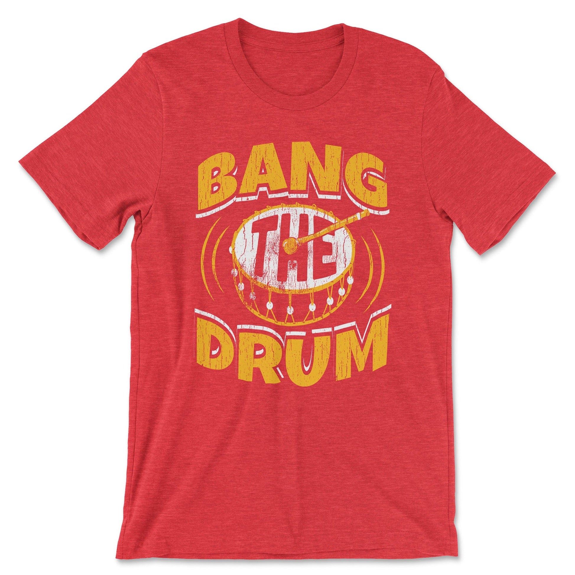 KC Swag | Kansas City Chiefs white & gold BANG THE DRUM on heather red unisex t-shirt