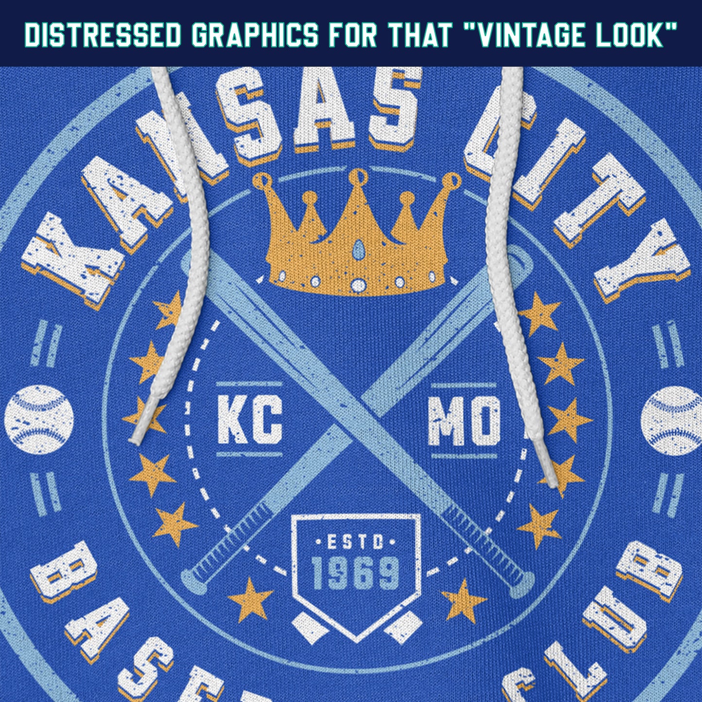 KC Swag Kansas City Royals powder, gold KC BASEBALL CLUB on royal blue fleece pullover hoodie closeup details of distressed graphics
