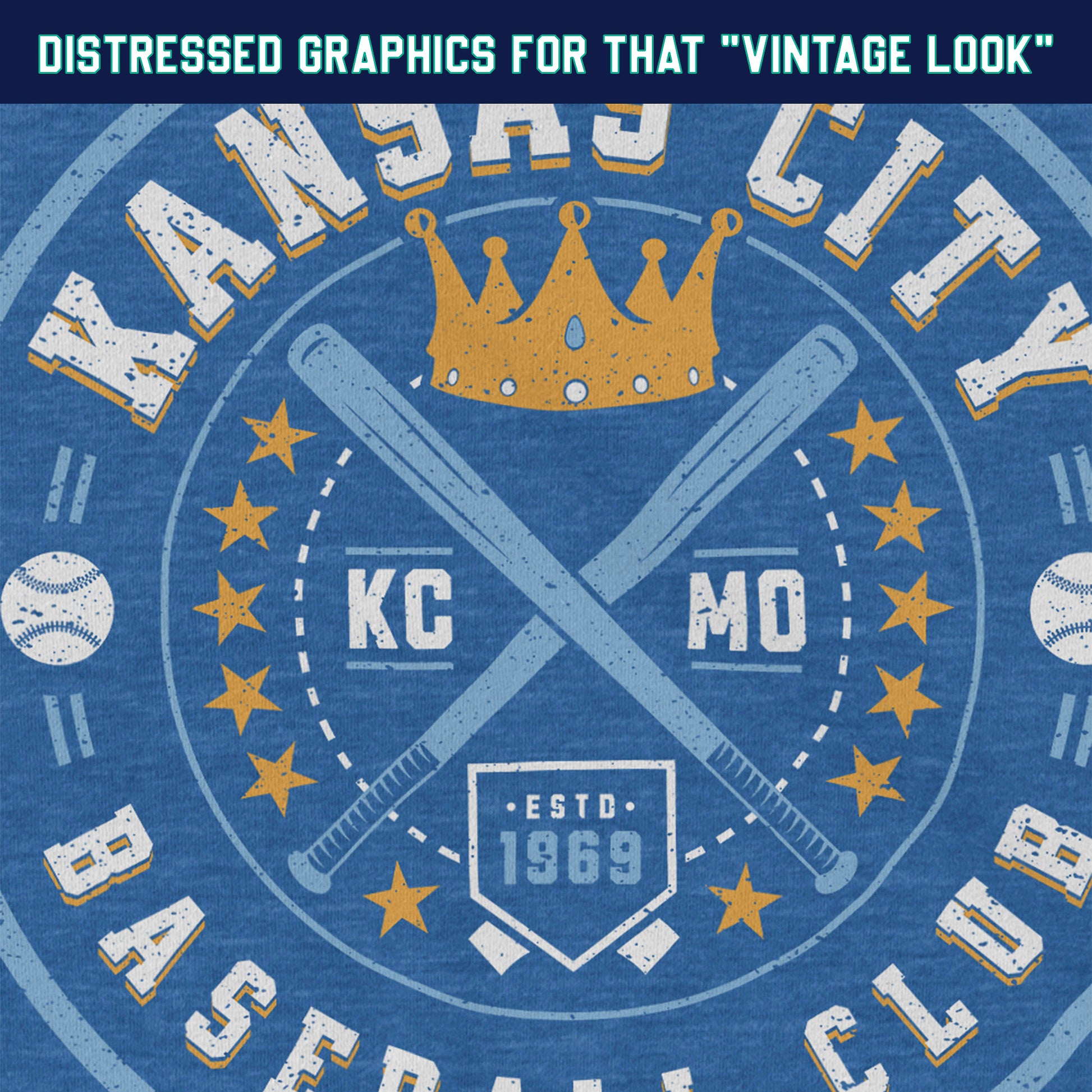 KC Swag Kansas City Royals blue, gold, white KC BASEBALL CLUB on heather royal blue unisex t-shirt closeup details of distressed graphics