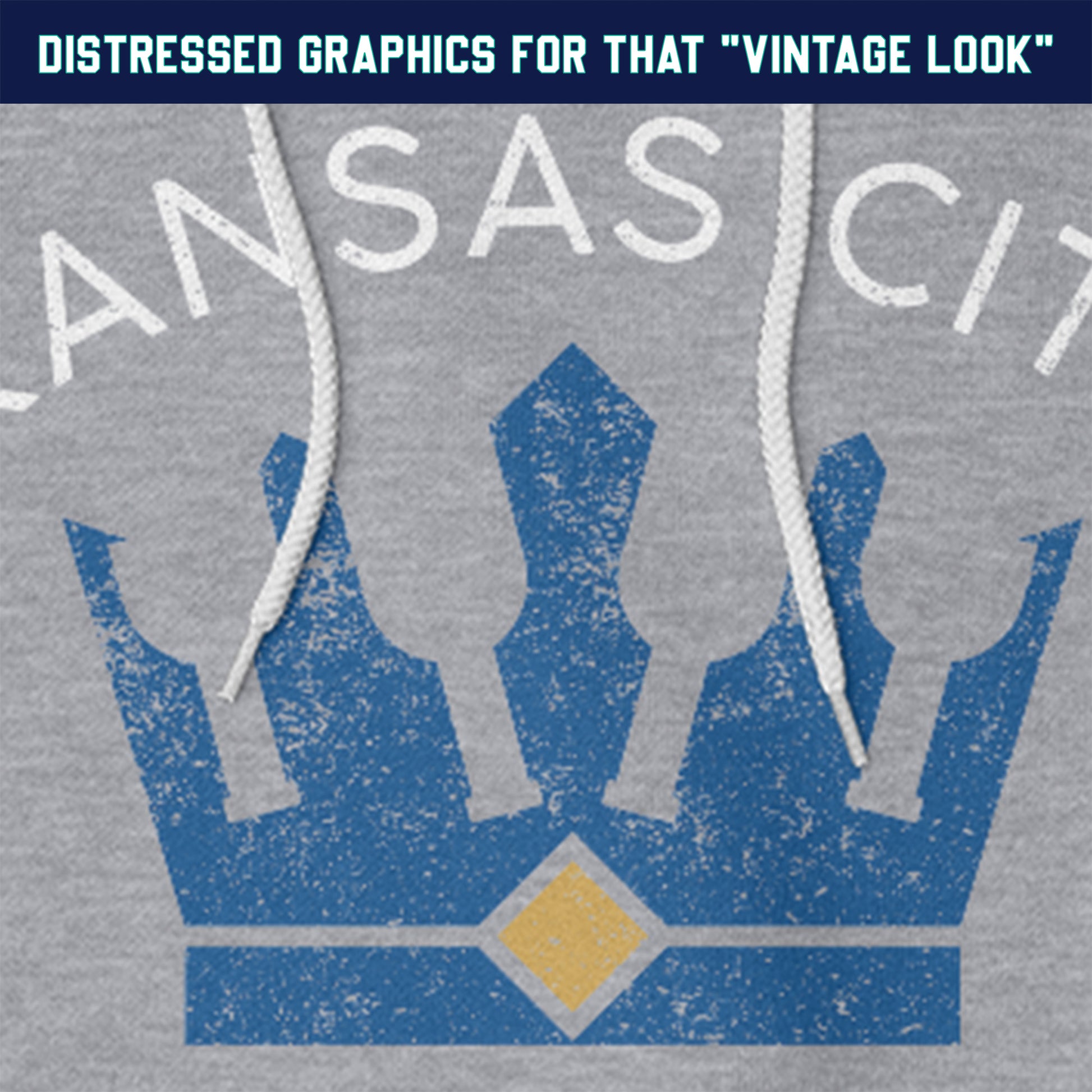 KC Swag Kansas City Royalsroyal-blue/gold BOTTLE CROWN with white KC ROYALS text on athletic heather grey pull-over hoodie closeup details of distressed graphics