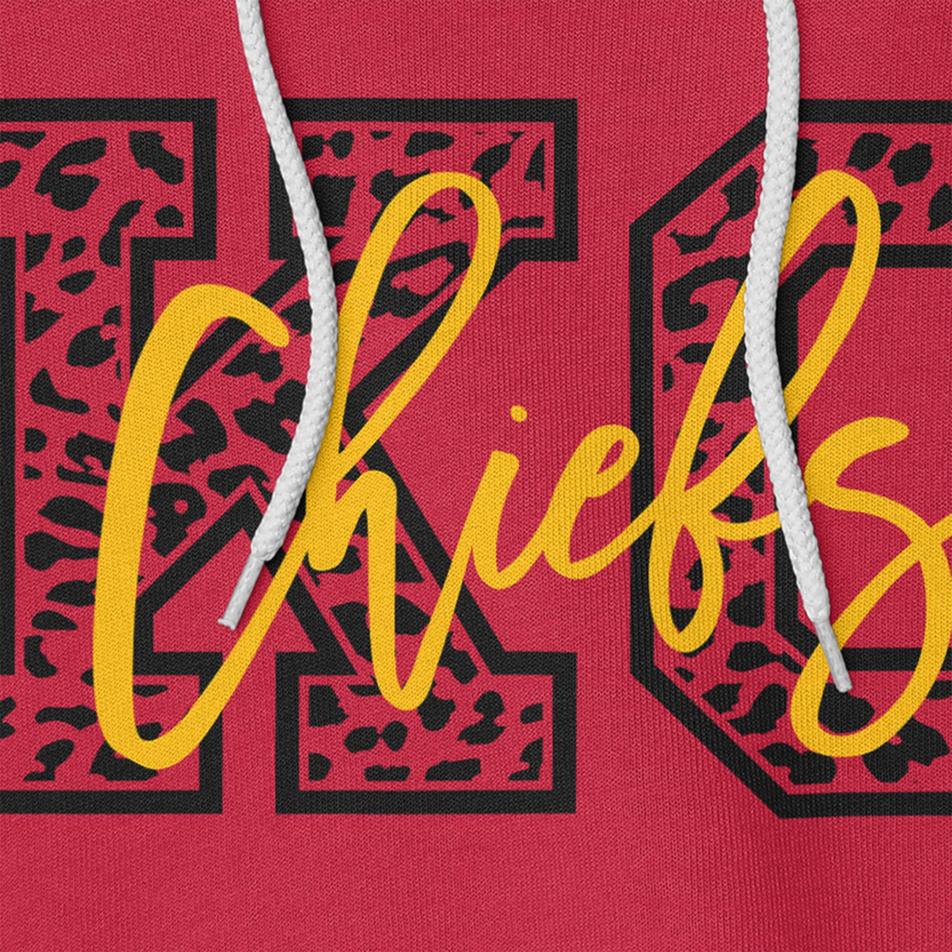 KC Swag Kansas City Chiefs yellow CHIEFS on black cheetah pattern KC on red fleece pullover hoodie closeup details of printed graphics