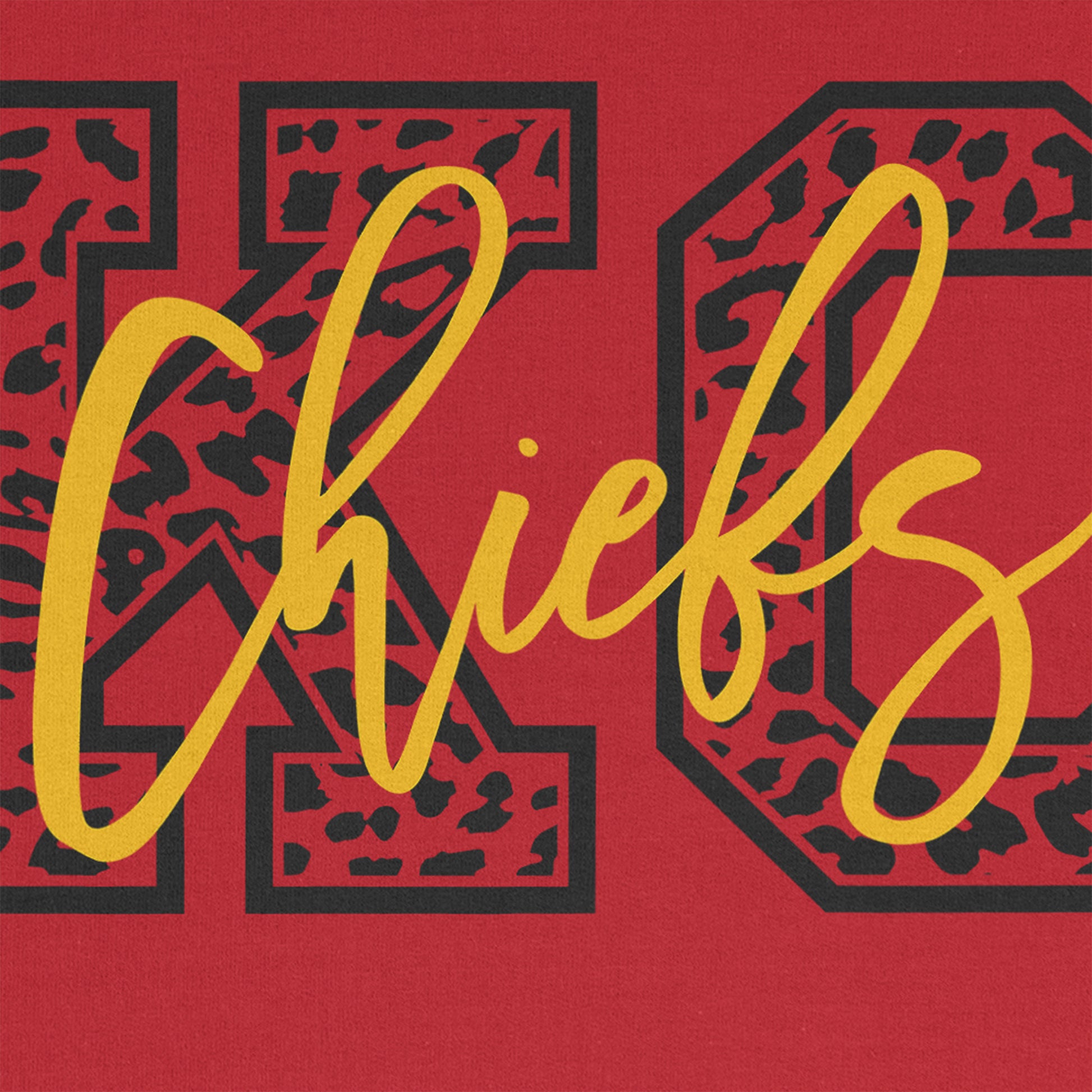 KC Swag Kansas City Chiefs Black & Gold Cheetah KC on a Red Crewneck Sweatshirt closeup details of printed graphics