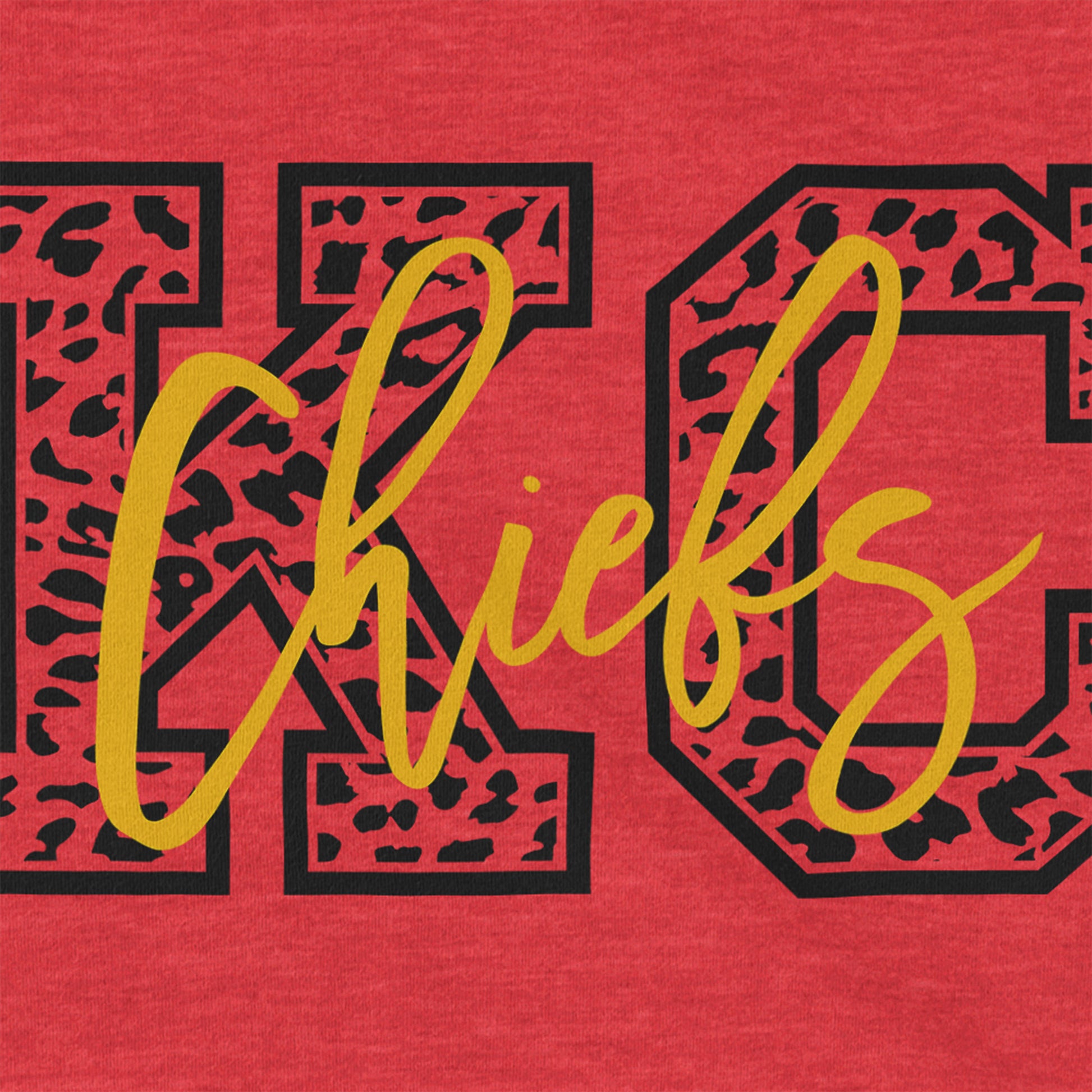 KC Swag | Kansas City Chiefs black & gold KC CHEETAH CHIEFS on heather red unisex t-shirt closeup details of printed graphics