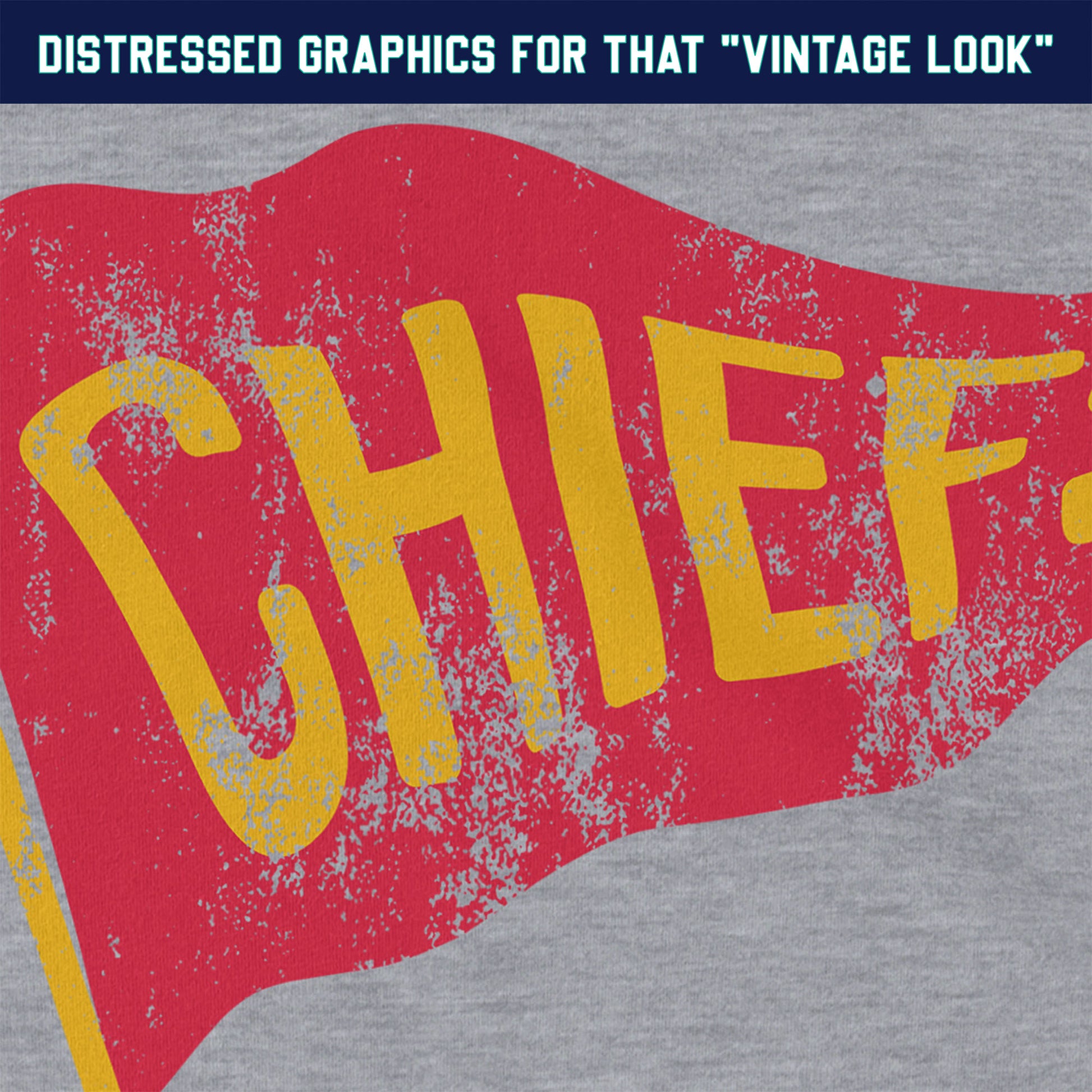 KC Swag | Kansas City Chiefs red & gold CHIEFS PENNANT on athletic heather gray unisex t-shirt closeup details of distressed graphics