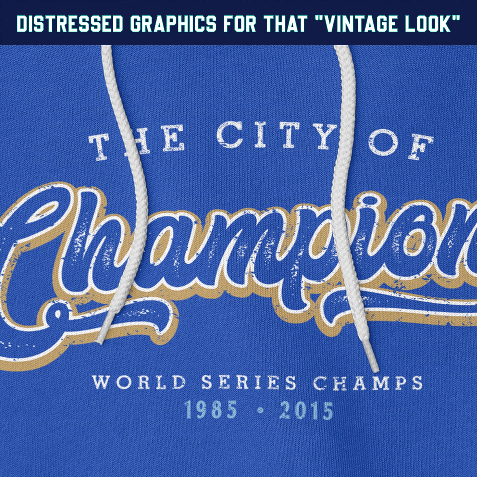 KC Swag Kansas City Royals white/gold CITY OF CHAMPIONS on royal blue pull-over hoodie closeup details of distressed graphics