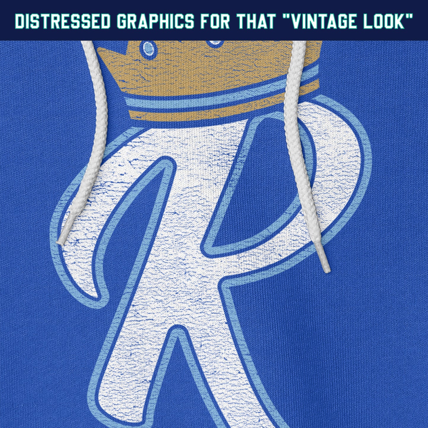 KC Swag Kansas City Royals lite blue/white R wearing gold CROWN on royal blue pull-over hoodie closeup details of distressed graphics