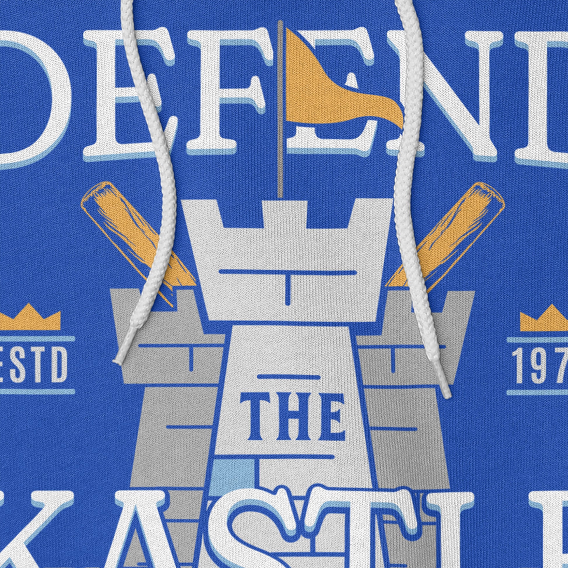 KC Swag Kansas City Royals powder, gold DEFEND THE KASTLE on blue fleece pullover hoodie closeup details of printed graphics