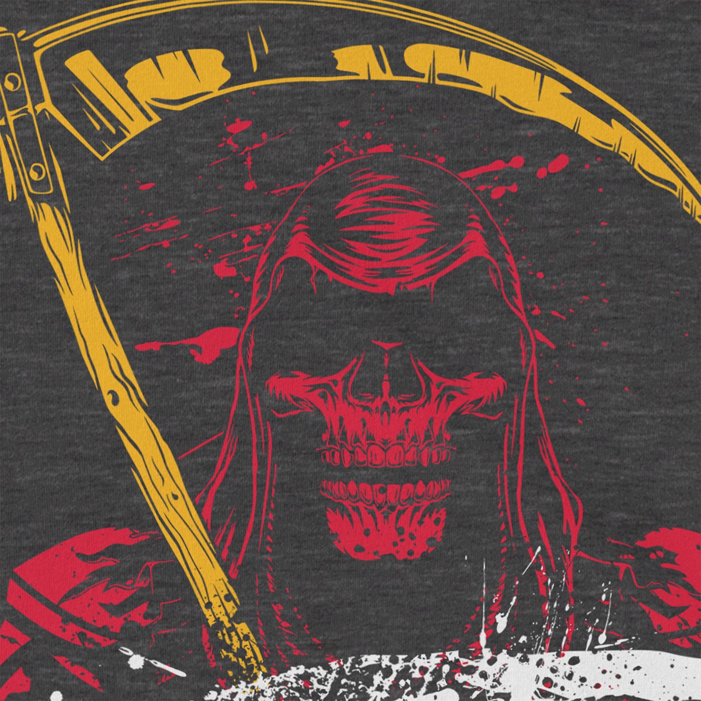 KC Swag | Kansas City Chiefs red, white & gold FEAR THE REAPER on drak heather gray unisex t-shirt closeup details of printed graphics