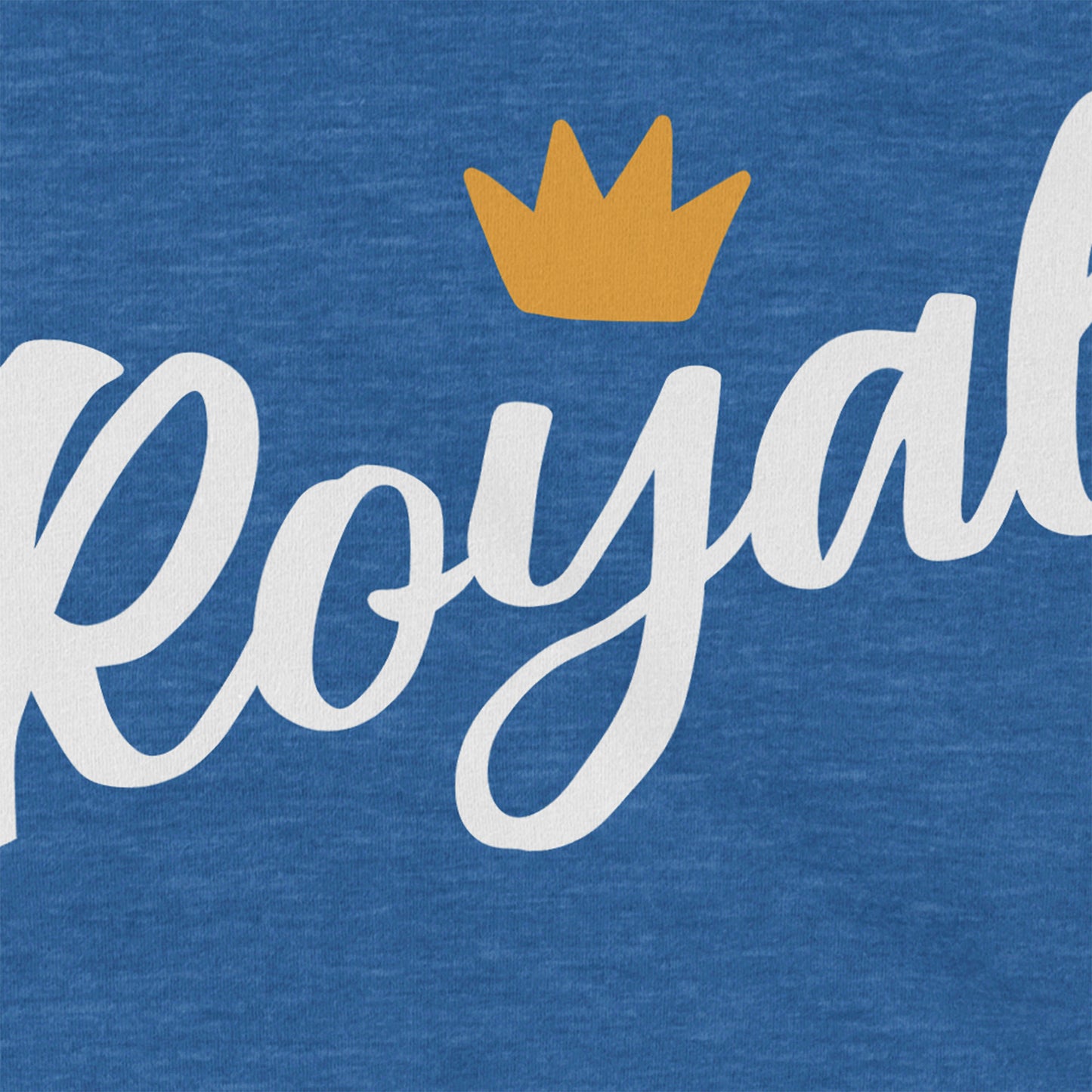 KC Swag Kansas City Royals ROYALS CROWN on heather royal blue unisex t-shirt closeup details of printed graphics