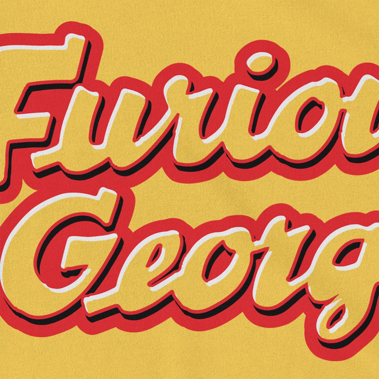 KC Swag | Kansas City Chiefs red & white FURIOUS GEORGE on maize yellow unisex t-shirt closeup details of printed graphics
