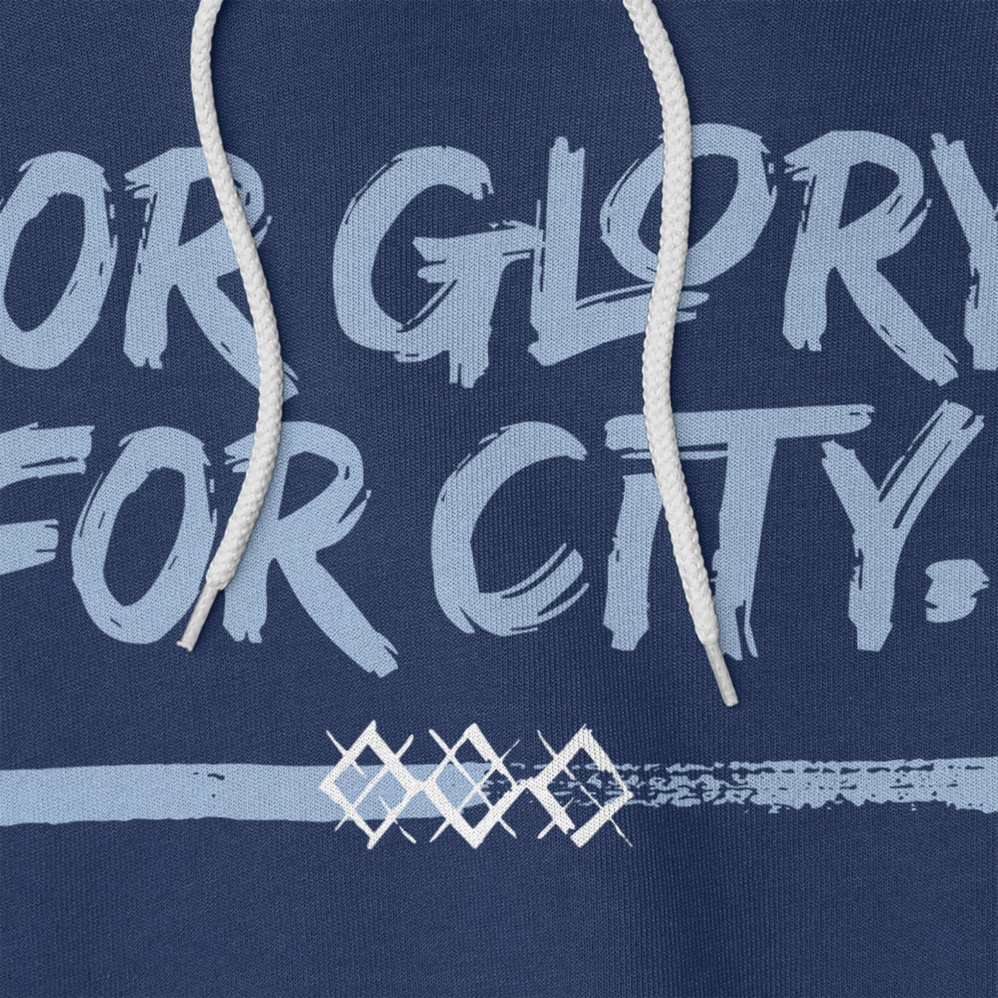 KC Swag Sporting Kansas City navy, powder, white FOR GLORY FOR CITY on navy pullover fleece hoodie closeup details of printed graphics