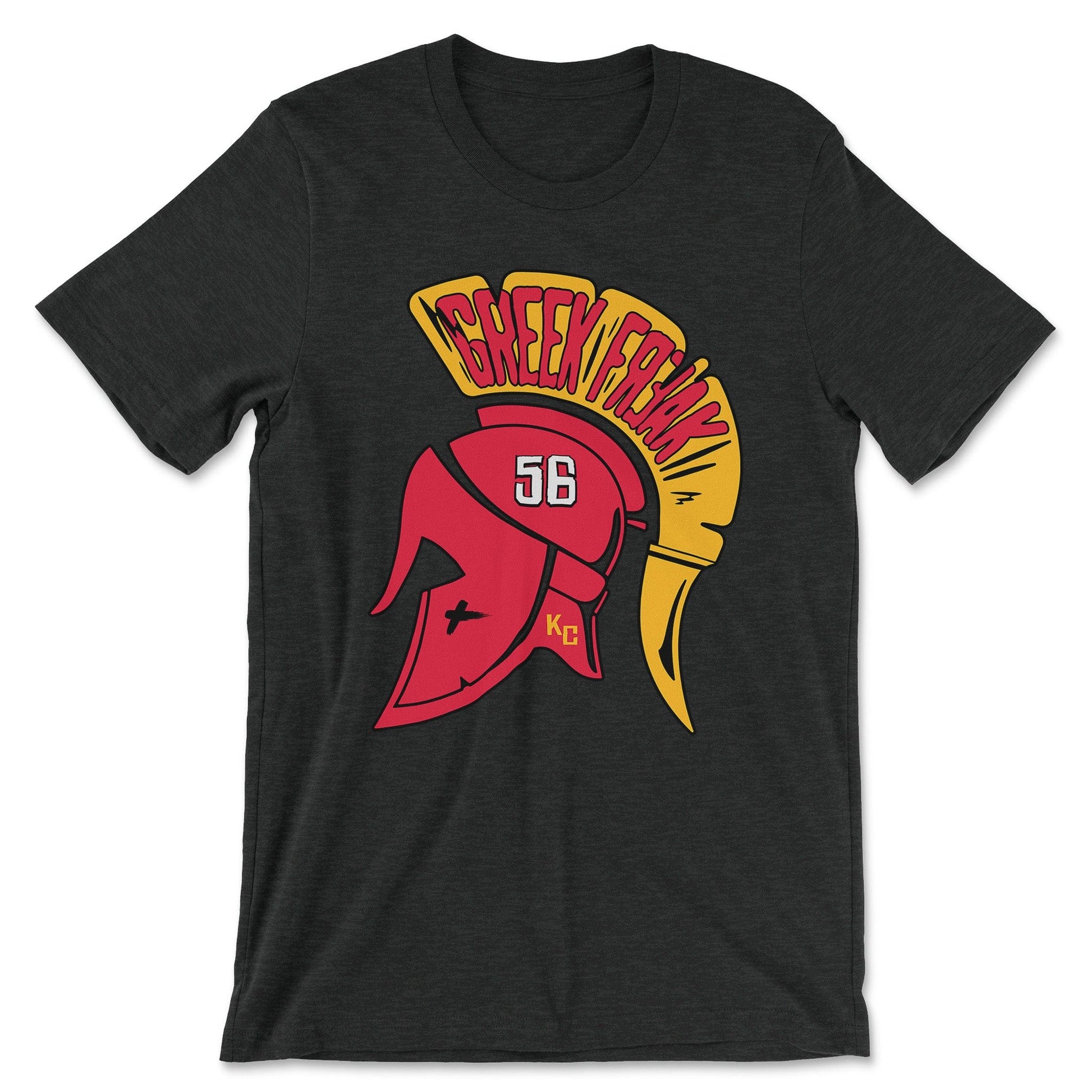 KC Swag | Kansas City Chiefs gold & red GREEK FREAK 56 on a trojan helmet on heather black unisex t-shirt