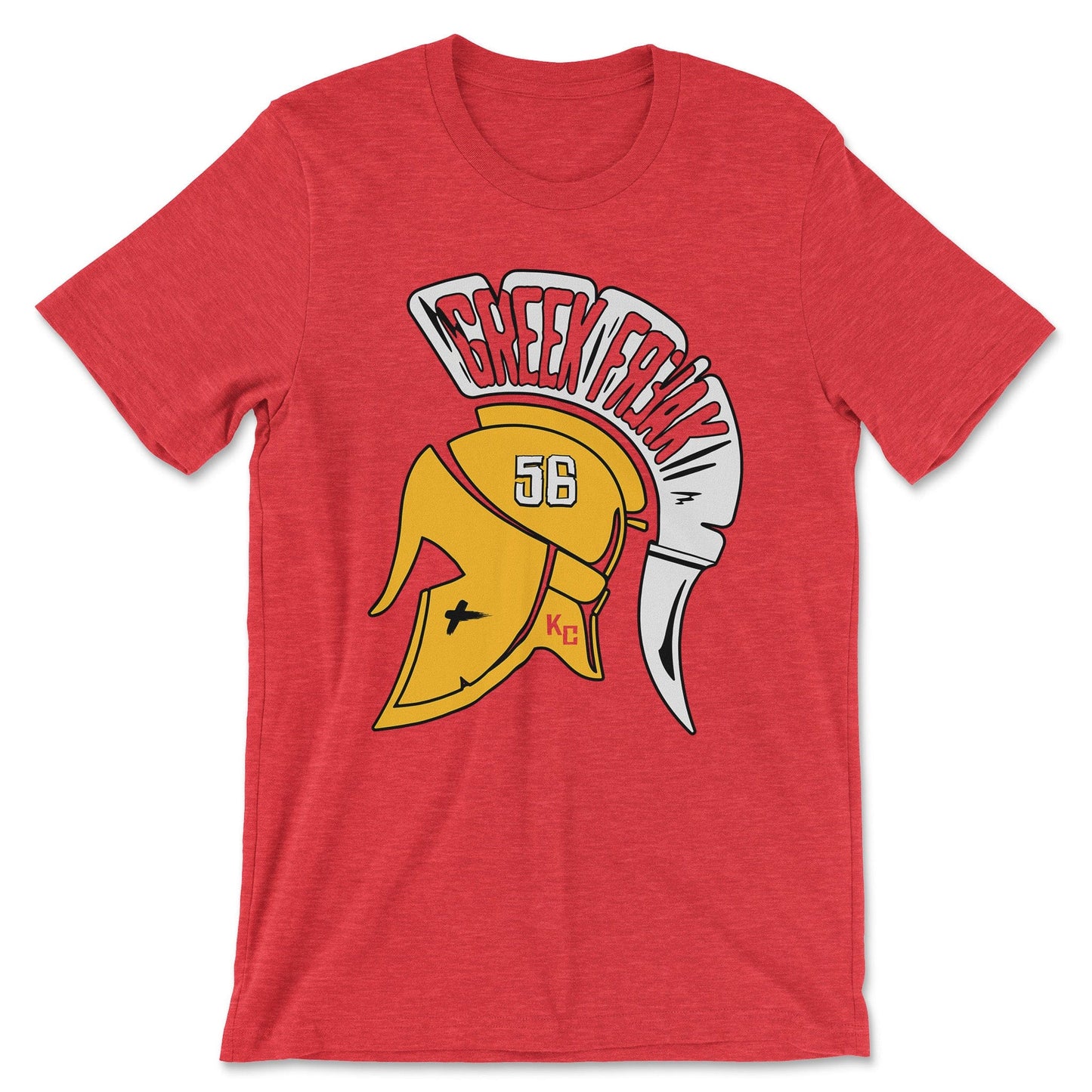 KC Swag | Kansas City Chiefs white, gold & red GREEK FREAK 56 on a trojan helmet on heather red unisex t-shirt