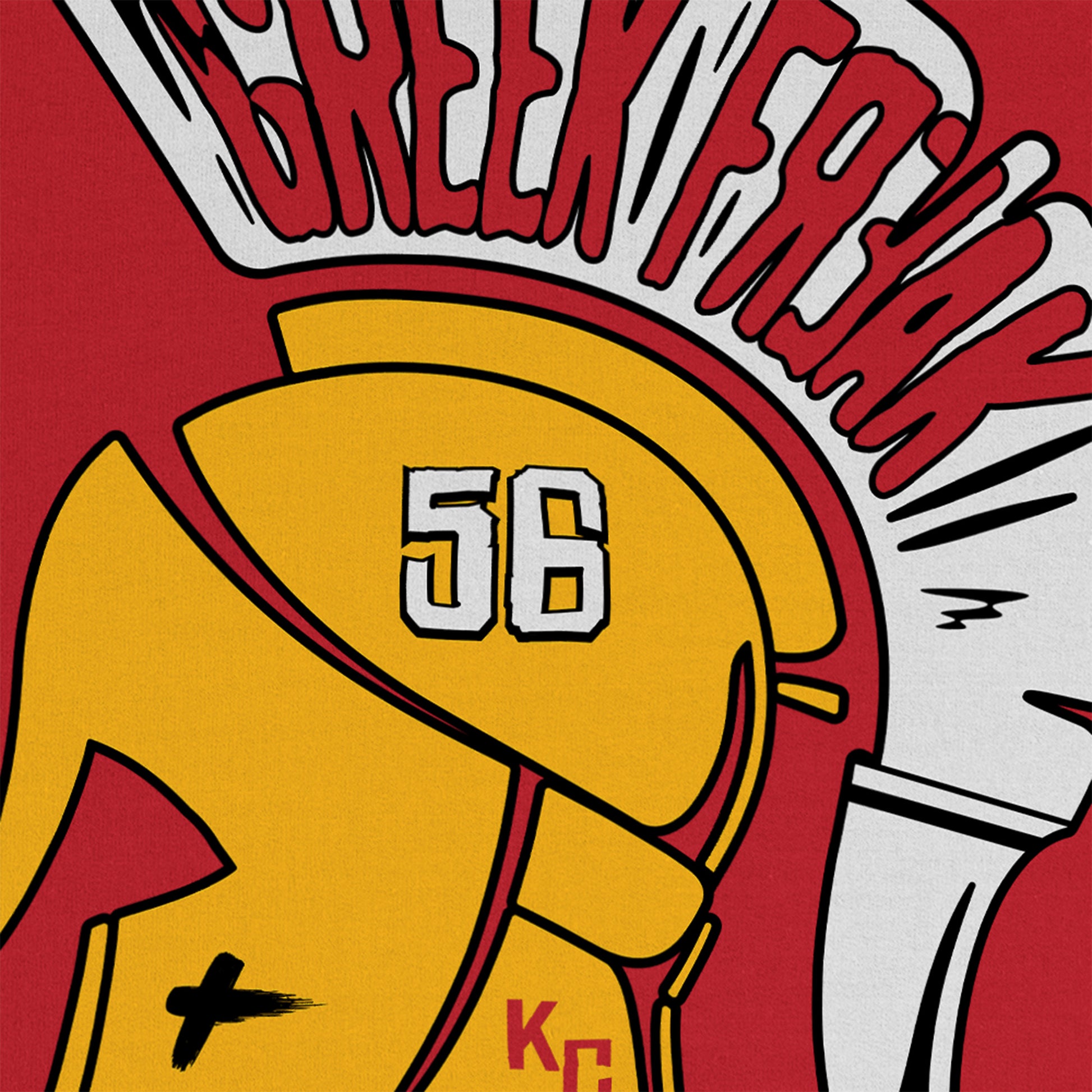 KC Swag Kansas City Chiefs White & Gold Greek Freak (with Trojan Helmet) on a Red Crewneck Sweatshirt closeup details of printed graphics