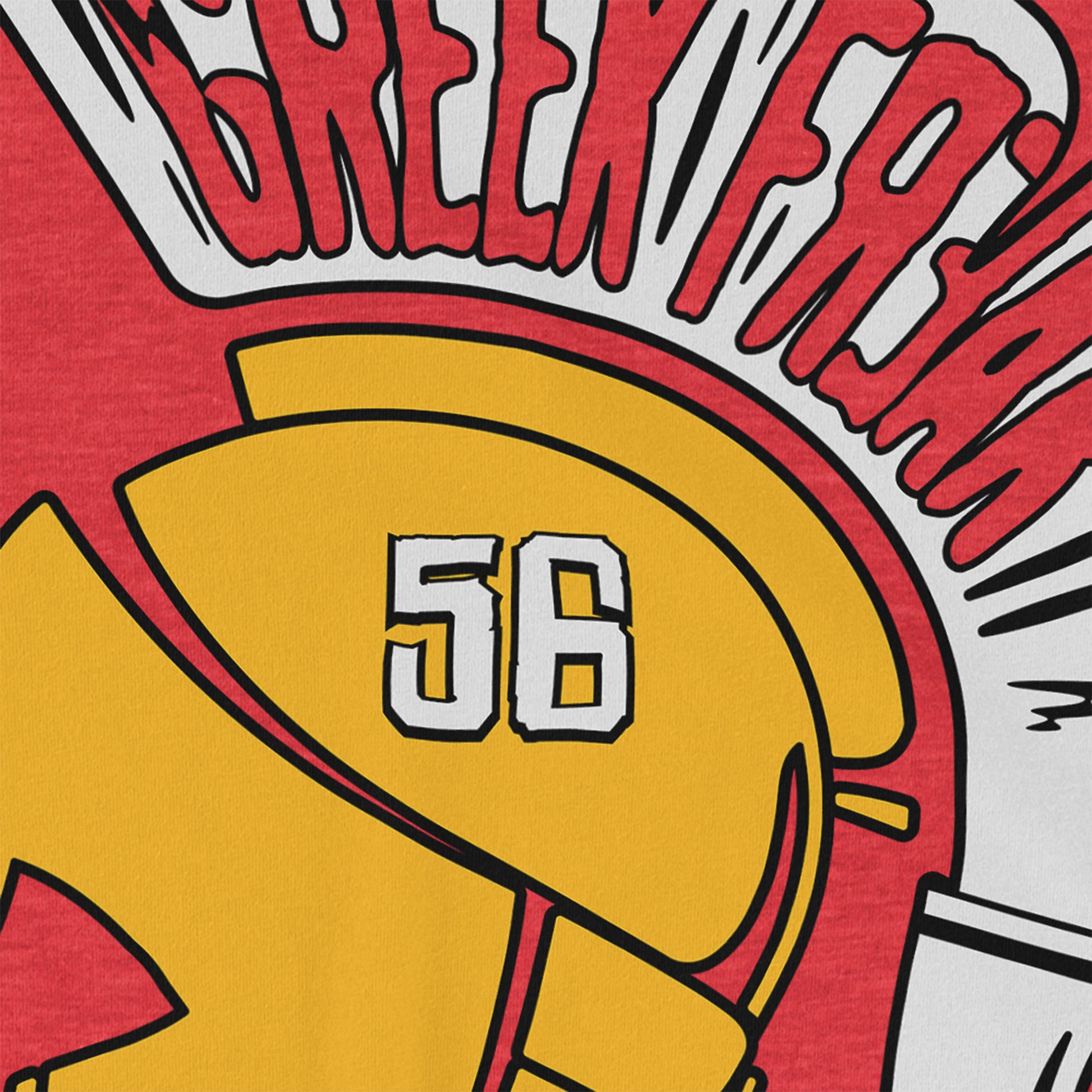 KC Swag | Kansas City Chiefs white, gold & red GREEK FREAK 56 on a trojan helmet on heather red unisex t-shirt closeup details of printed graphics