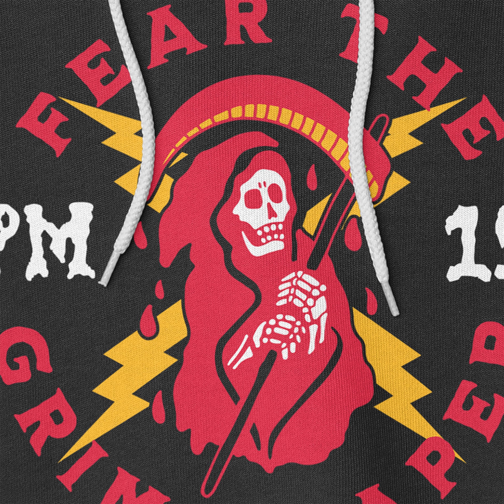 KC Swag Kansas City Chiefs GRIM REAPER PM15 on black fleece pull-over hoodie closeup details of printed graphics