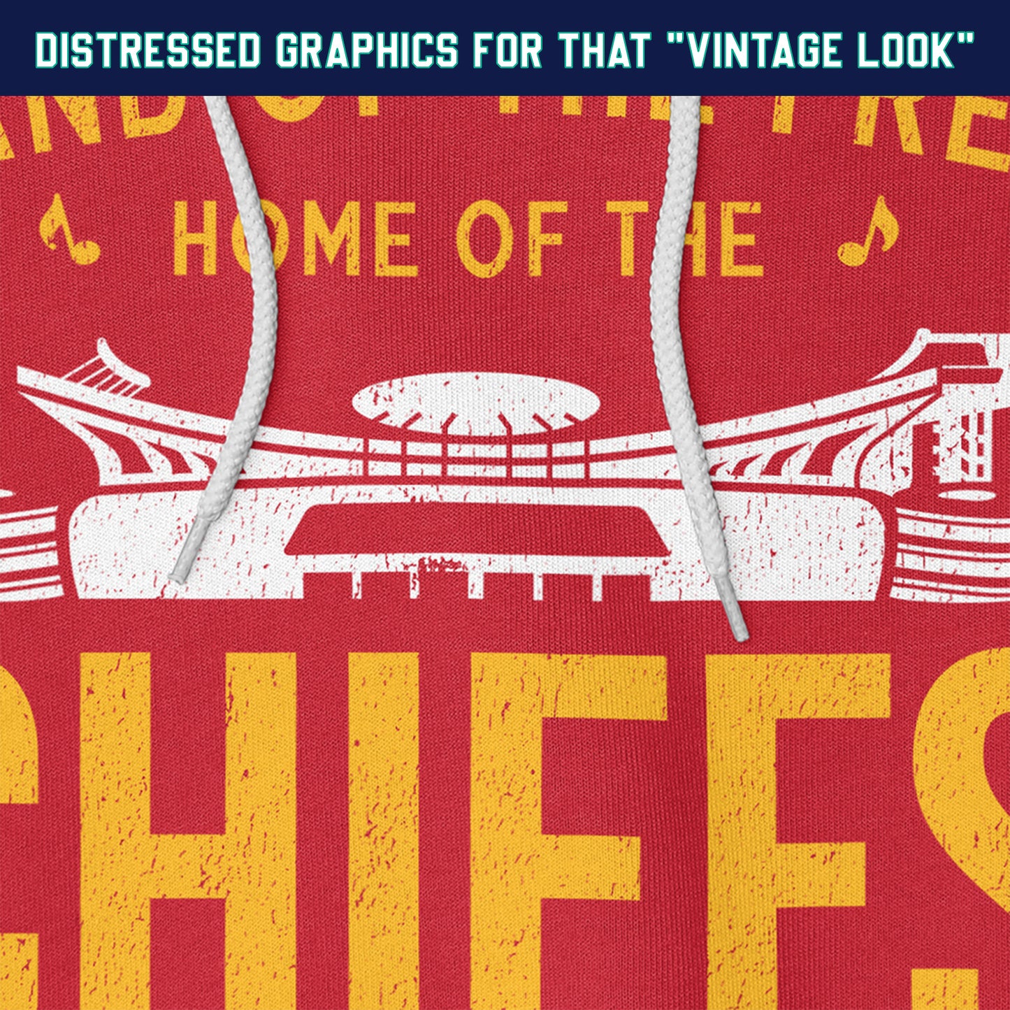 KC Swag | Kansas City Chiefs white/gold HOME OF THE CHIEFS on red sponge-fleece pullover hoodie closeup details of distressed graphics