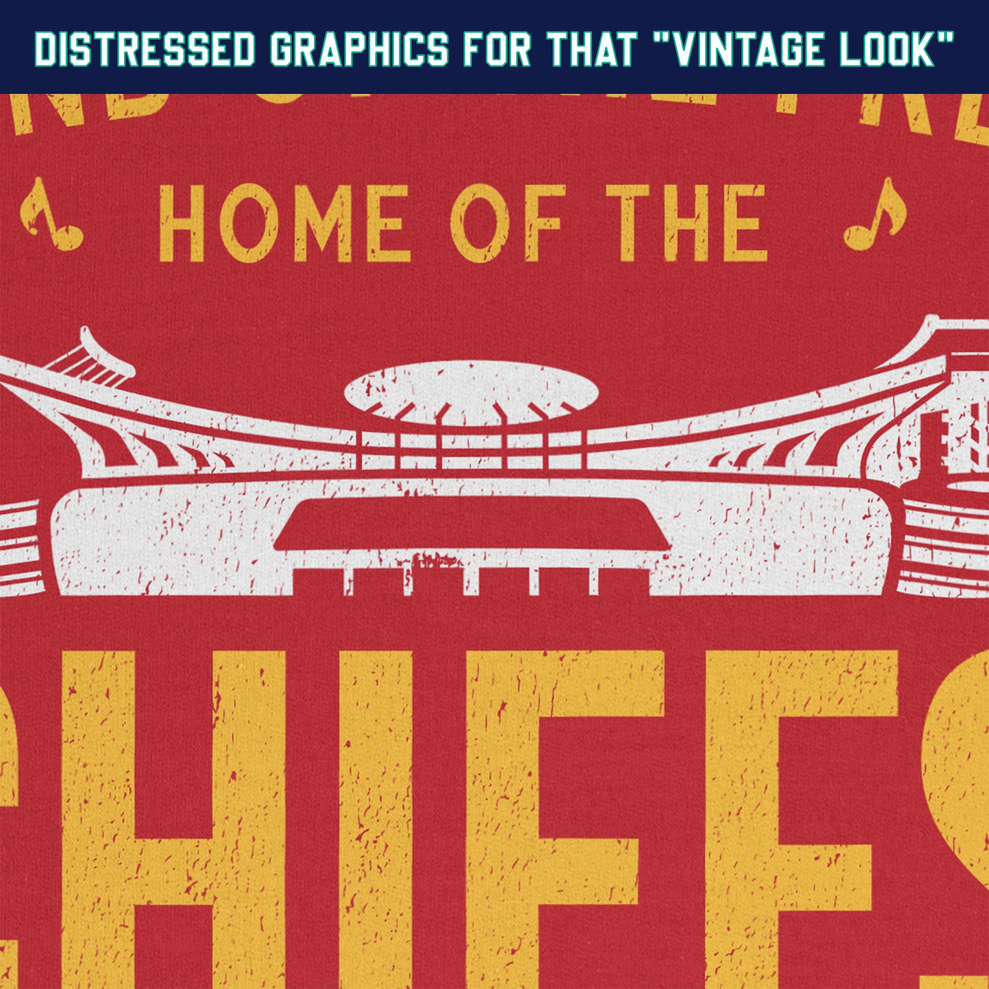 KC Swag Kansas City Chiefs Distressed White & Gold Home Of The Chiefs on a Red Crewneck Sweatshirt closeup details of distressed graphics