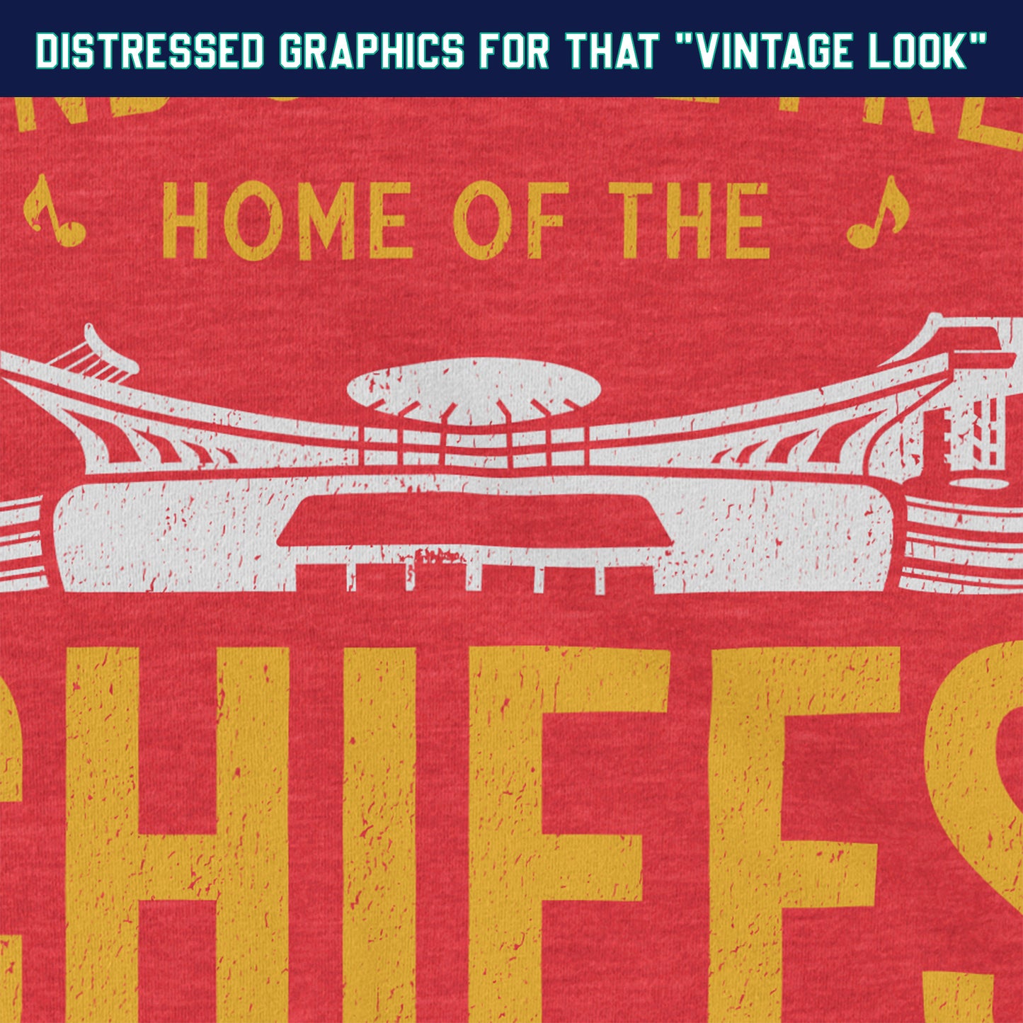 KC Swag | Kansas City Chiefs white & gold HOME OF THE CHIEFS on heather red unisex t-shirt closeup details of distressed graphics