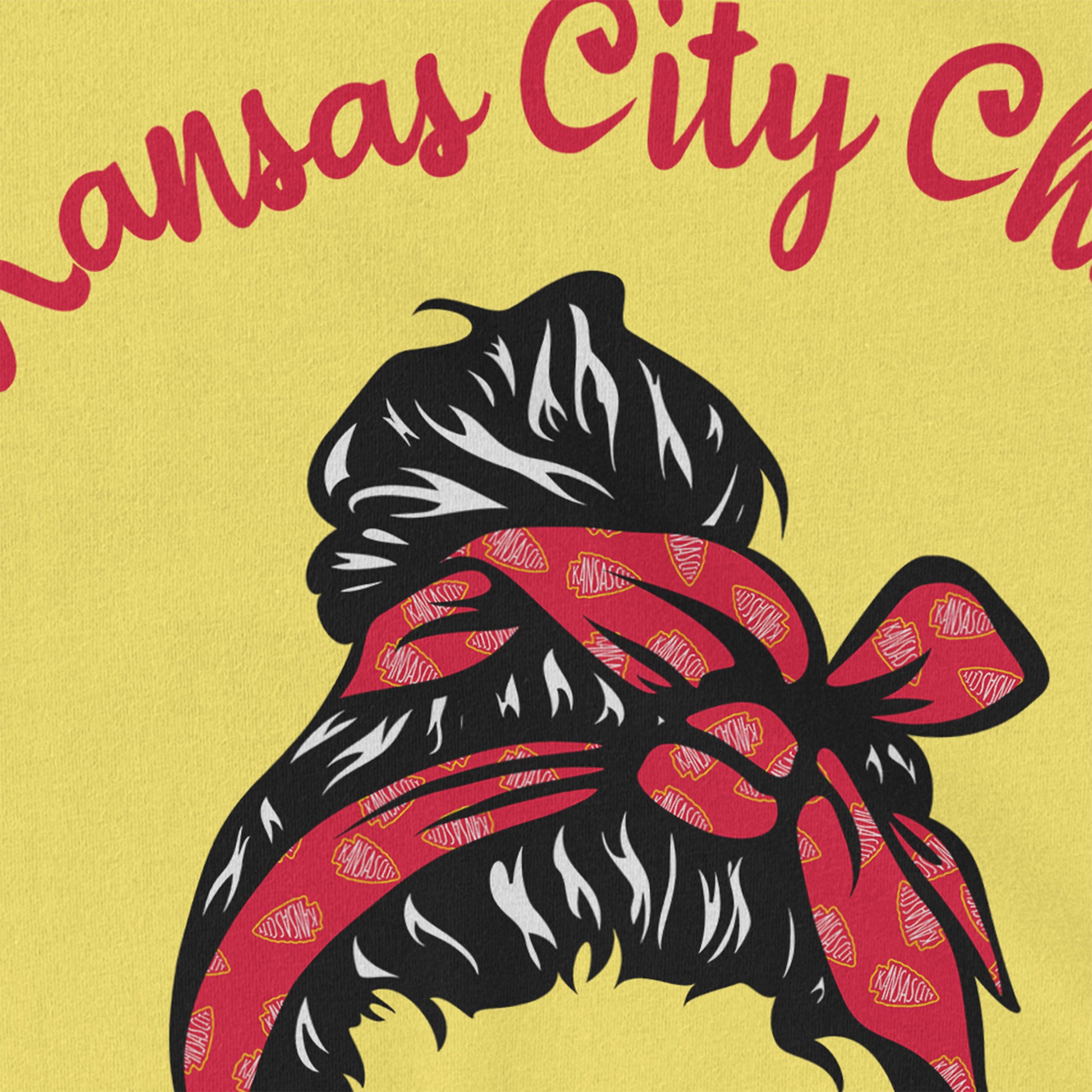 KC Swag Kansas City Chiefs red/black/yellow KANSAS CITY CHICK with girl in bandana and CHIEFS sunglasses graphic on yellow t-shirt closeup details of printed graphics