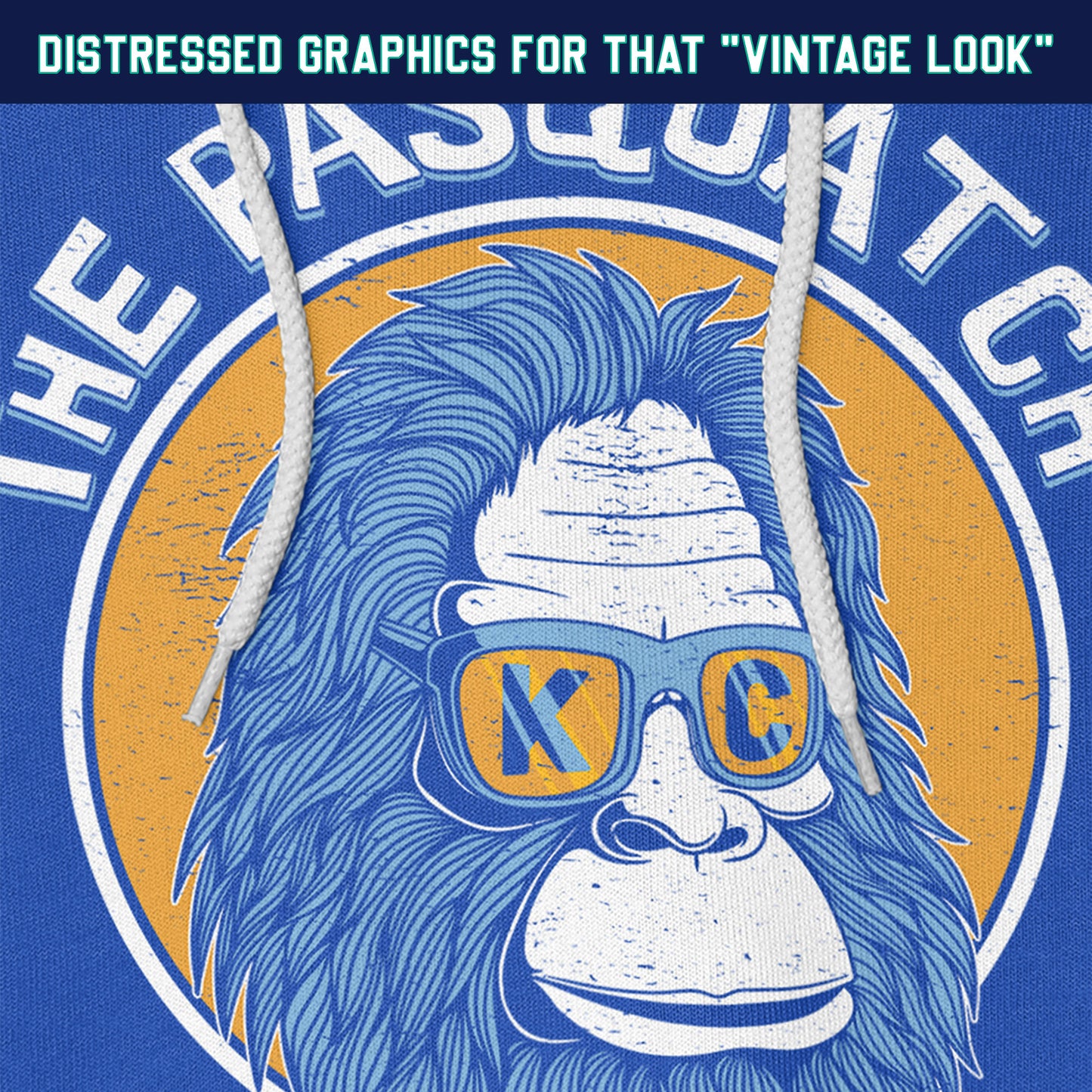 KC Swag | Kansas City Royals gold/blue/white KC PASQUATCH on blue sponge-fleece pullover hoodie closeup details of distressed graphics