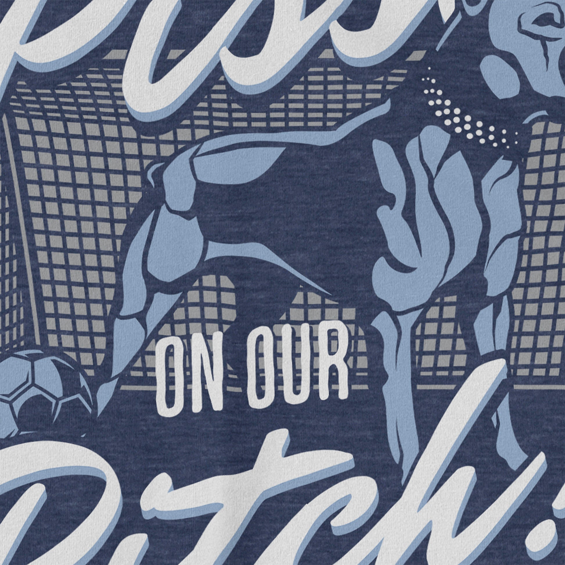 KC Swag Sporting Kansas City navy, powder, white, grey PITCH PROTECTOR on heather navy unisex t-shirt closeup details of printed graphics