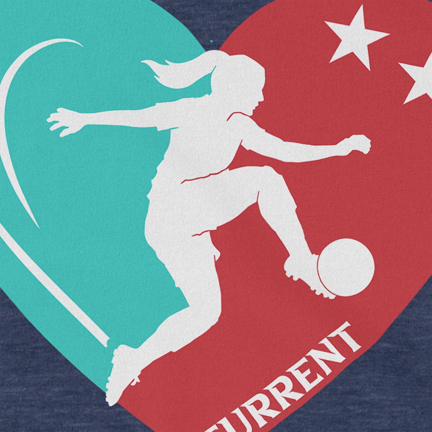 KC Swag Kansas City Current PLAYER HEART on heather navy unisex t-shirt closeup details of printed graphics