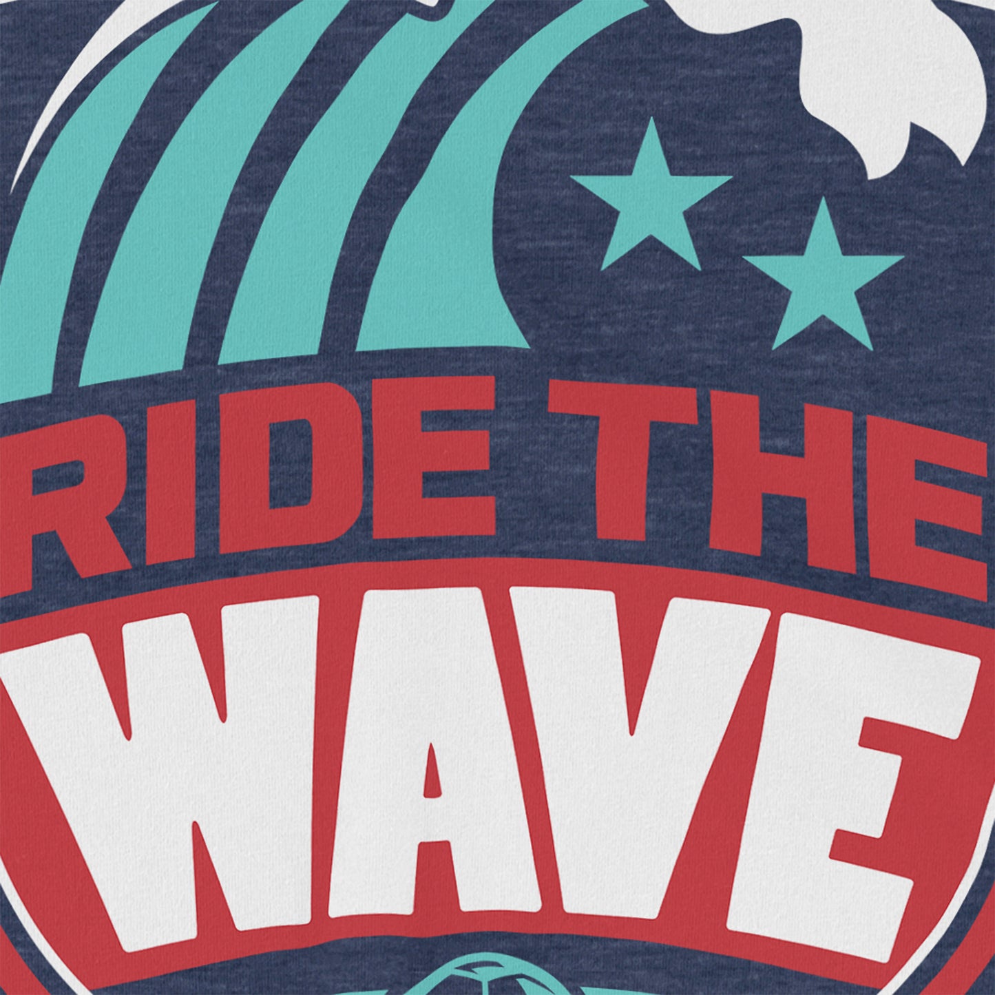 KC Swag Kansas City Current RIDE THE WAVE on heather navy unisex t-shirt closeup details of printed graphics