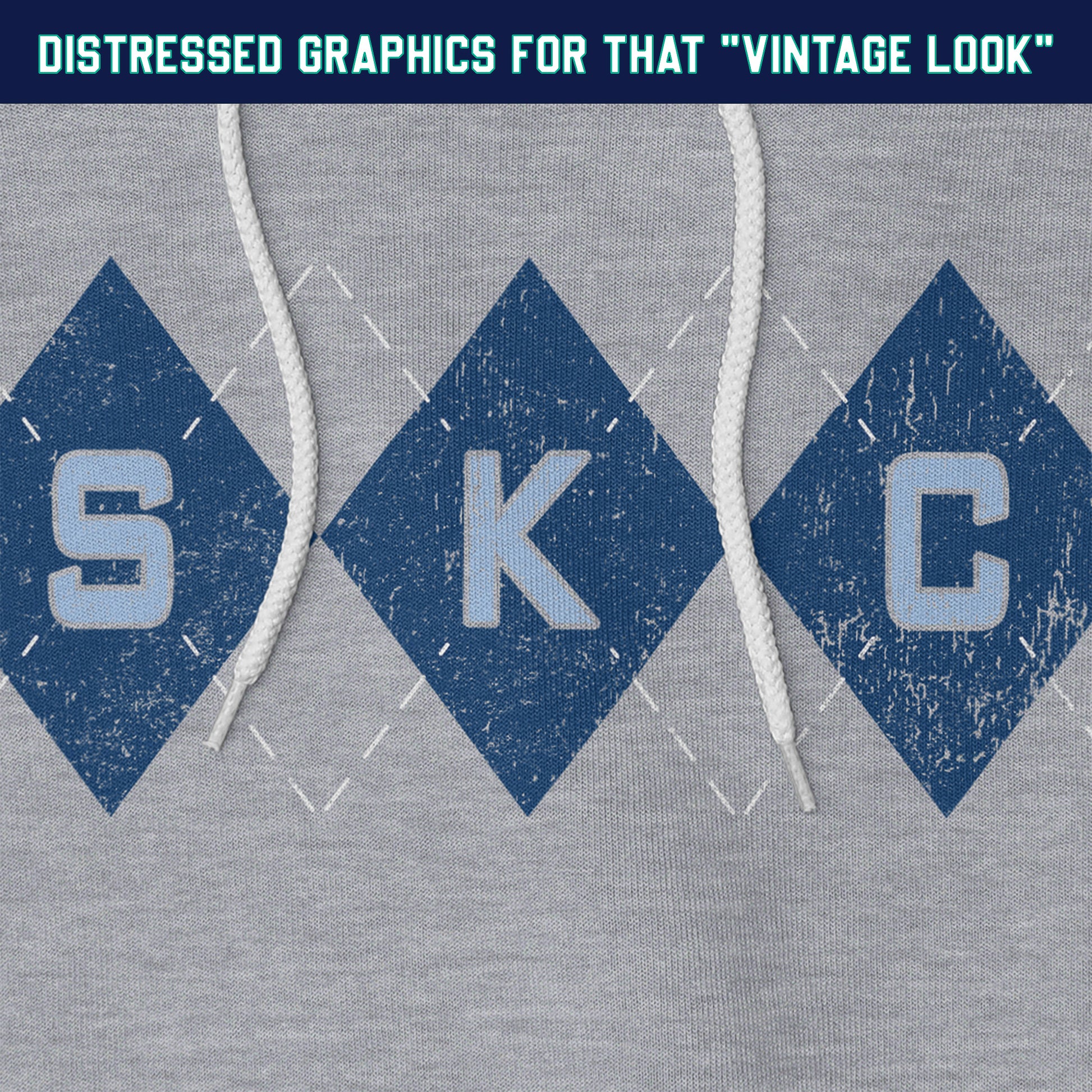 KC Swag Sporting Kansas City powder blue/navy/white SKC DIAMONDS on athletic heather grey fleece pull-over hoodie closeup details of distressed graphics