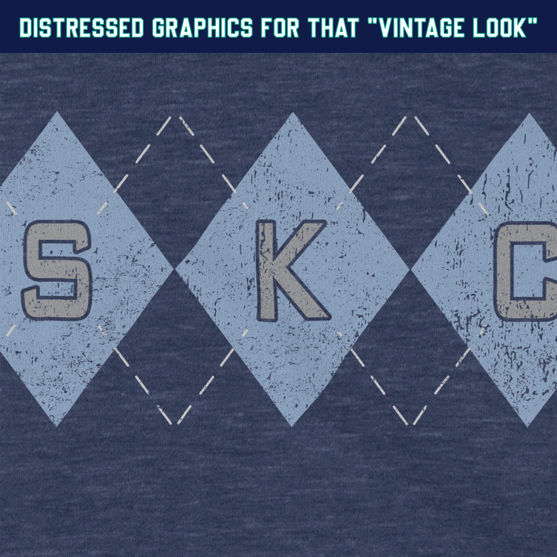 KC Swag Sporting Kansas City powder blue/navy/grey SKC DIAMONDS with argyle stitching on heather navy t-shirt closeup details of distressed graphics