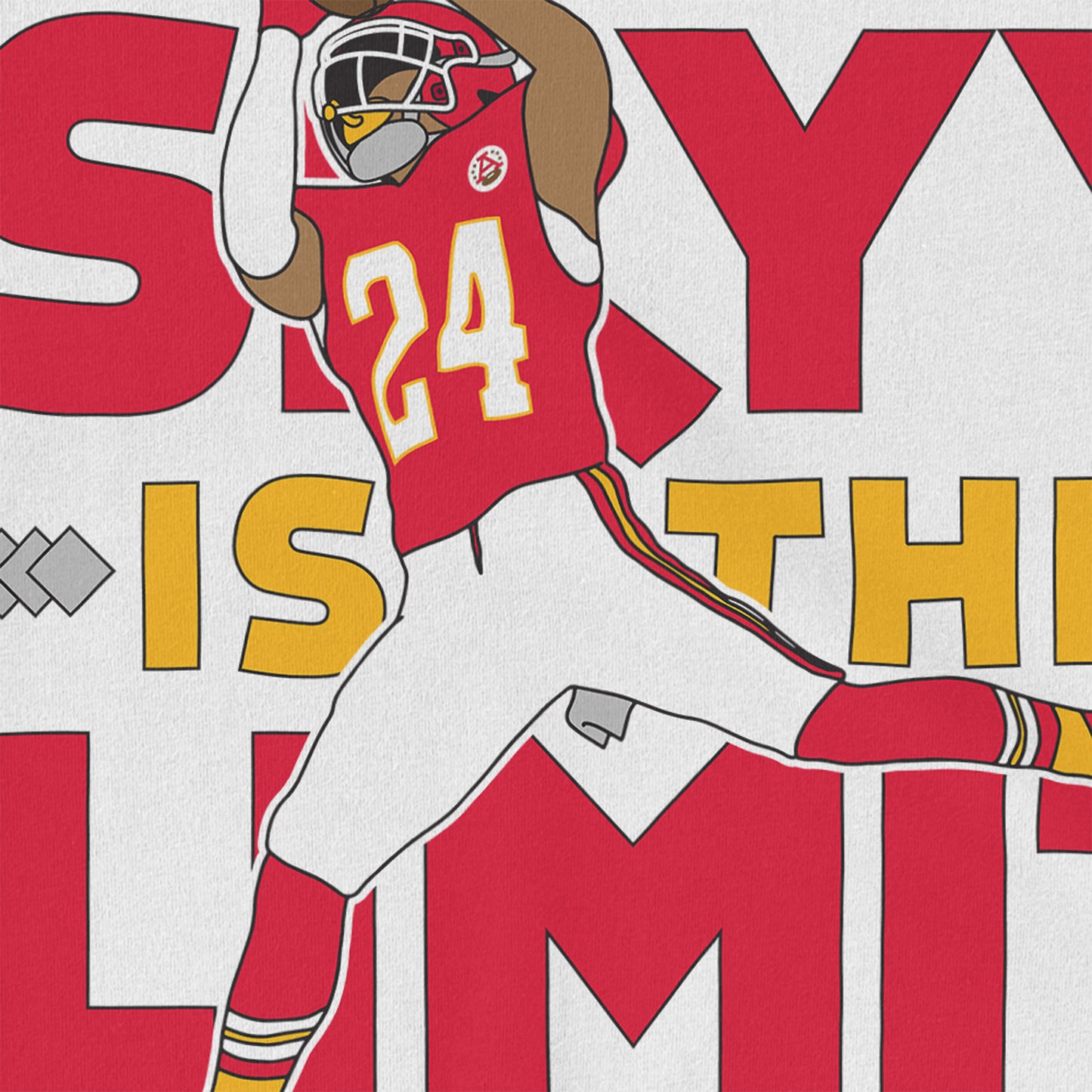 KC Swag Kansas City Chiefs SKYY IS THE LIMIT with football player graphic on white t-shirt closeup details of printed graphics