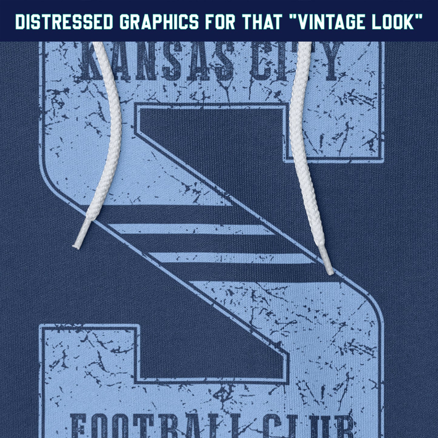 KC Swag Sporting Kansas City powder blue KANSAS CITY FOOTBALL CLUB in STRIPED S on navy fleece pull-over hoodie closeup details of distressed graphics
