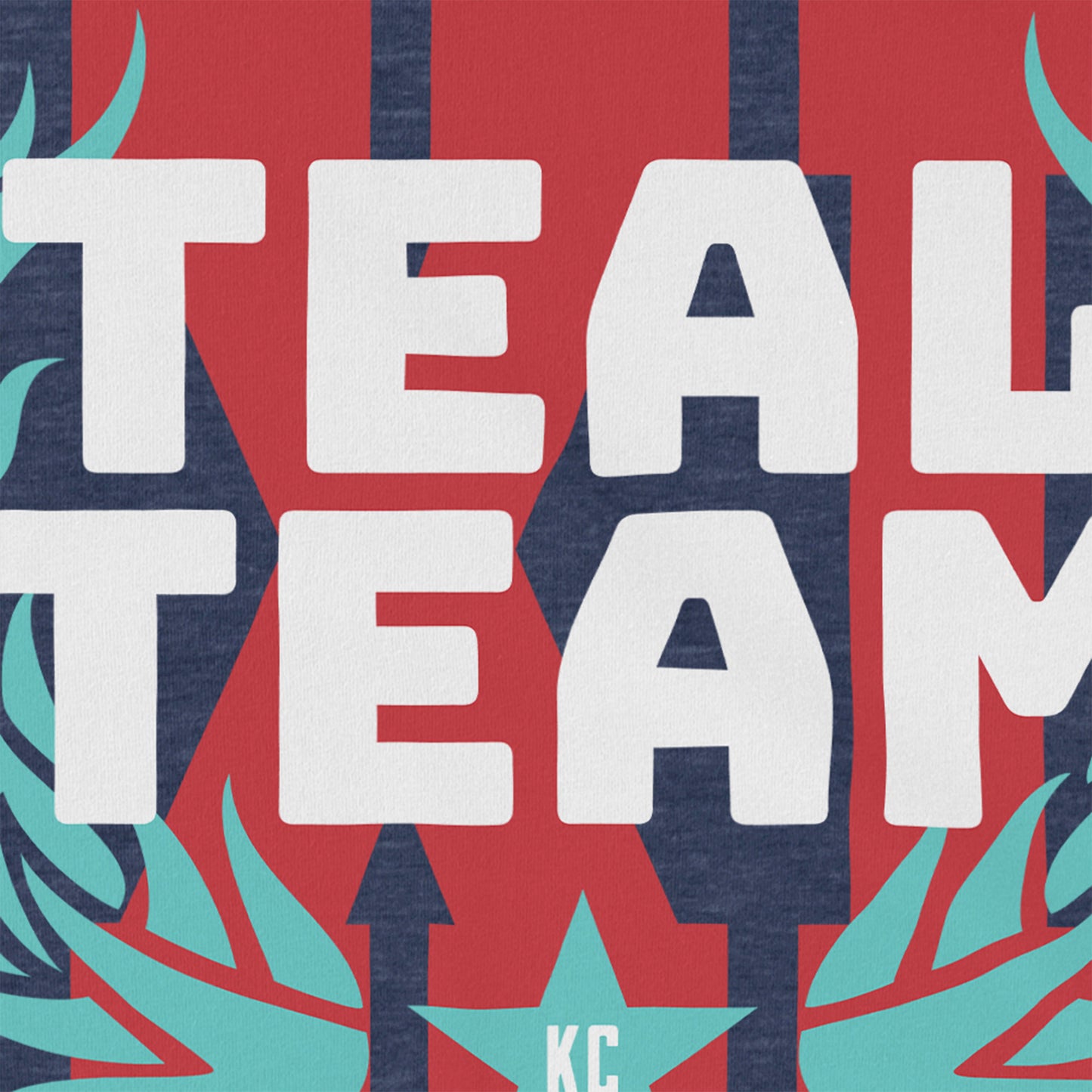KC Swag Kansas City Current TEAL TEAM X! on heather navy unisex t-shirt closeup details of prinyted graphics
