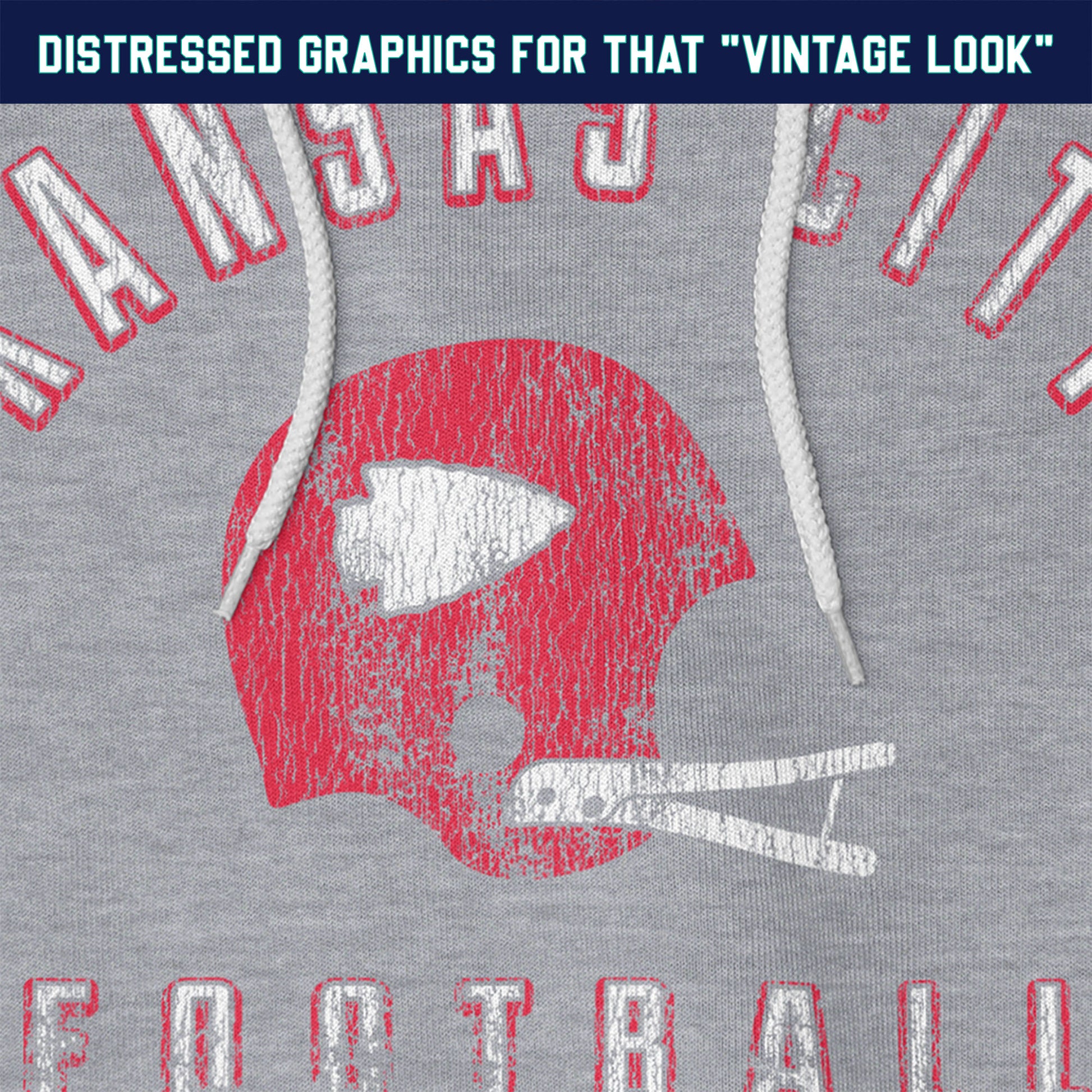 KC Swag Kansas City Chiefs red/white KANSAS CITY FOOTBALL with vintage helmet graphic on athletic heather grey fleece pull-over hoodie closeup details of distressed graphics