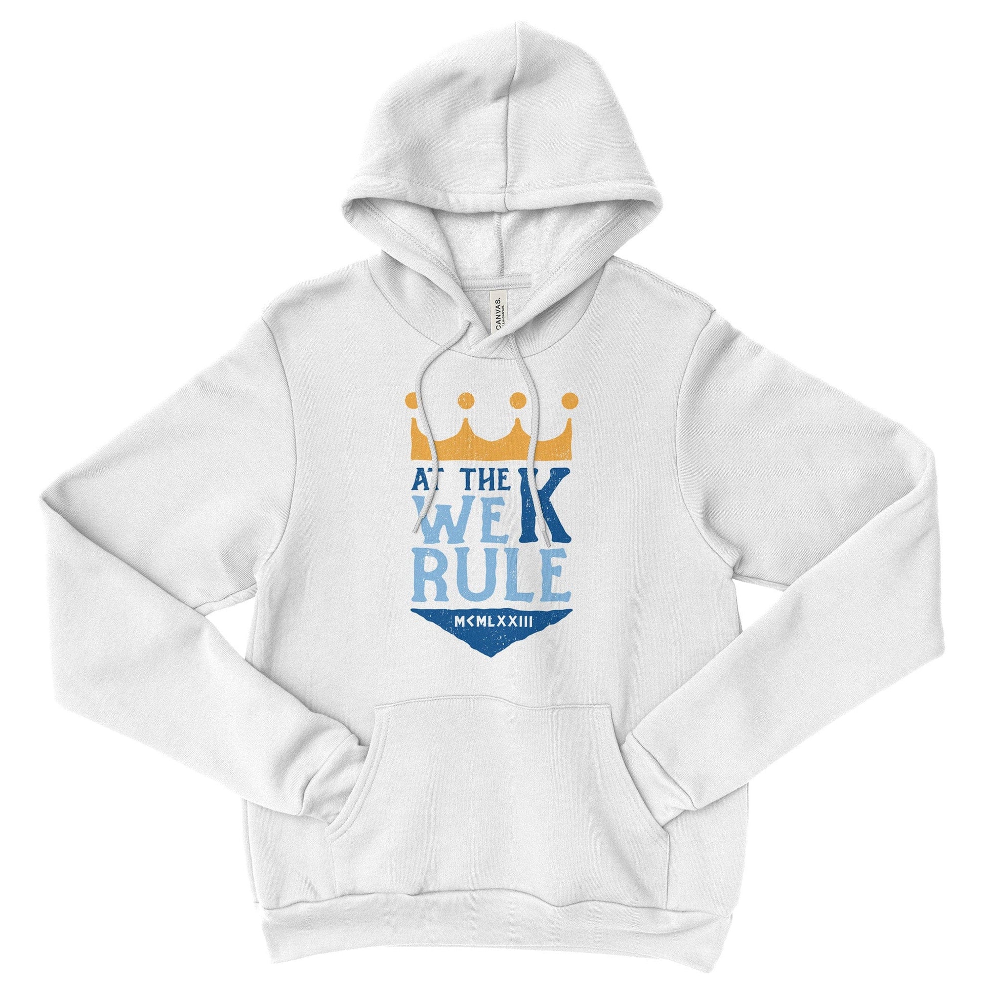 KC Swag | Kansas City Royals blue/gold AT THE K WE RULE on white sponge-fleece pullover hoodie