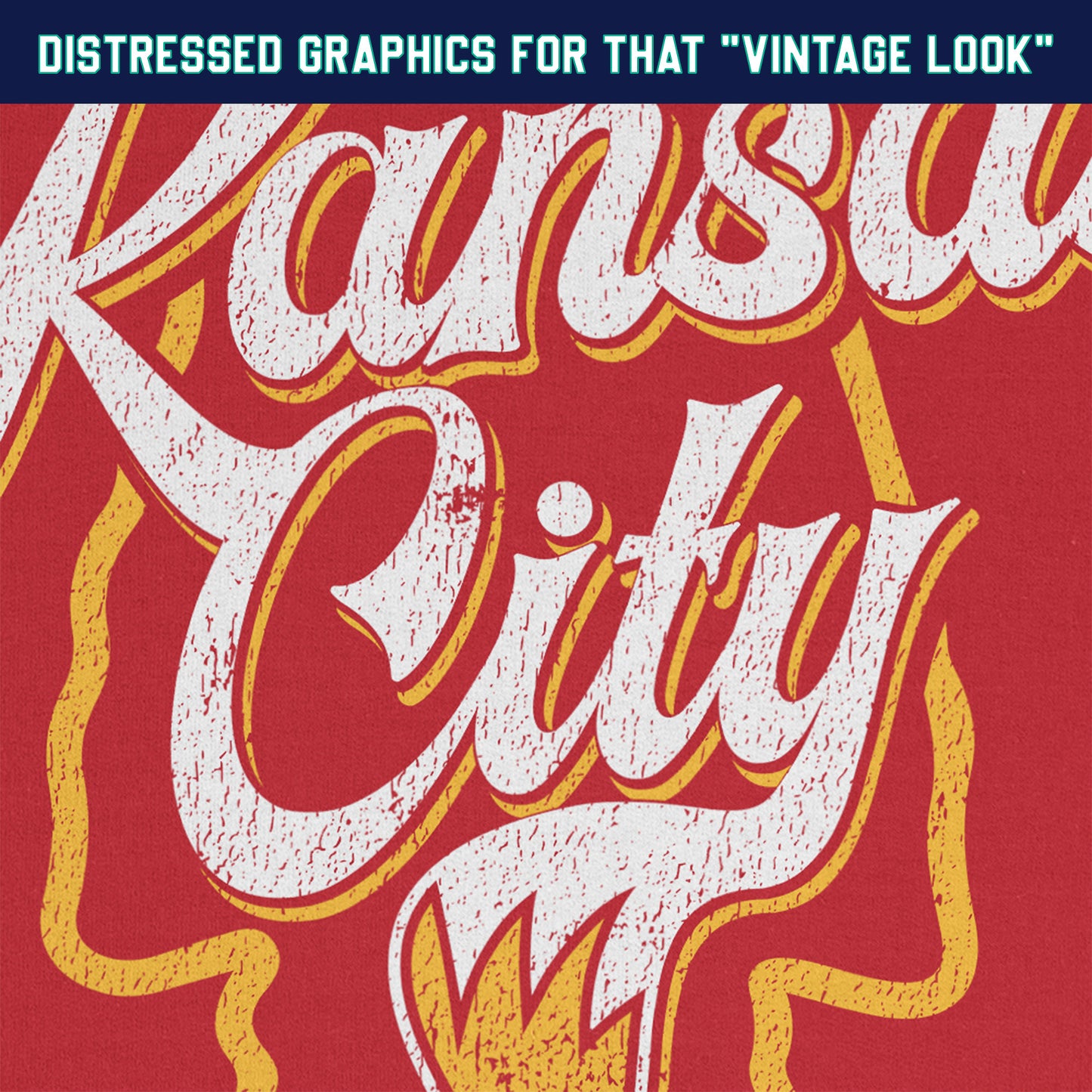 KC Swag Kansas City Chiefs white/yellow KANSAS CITY (with foxtail) with arrowhead graphic on heather red t-shirt closeup details of distressed graphics