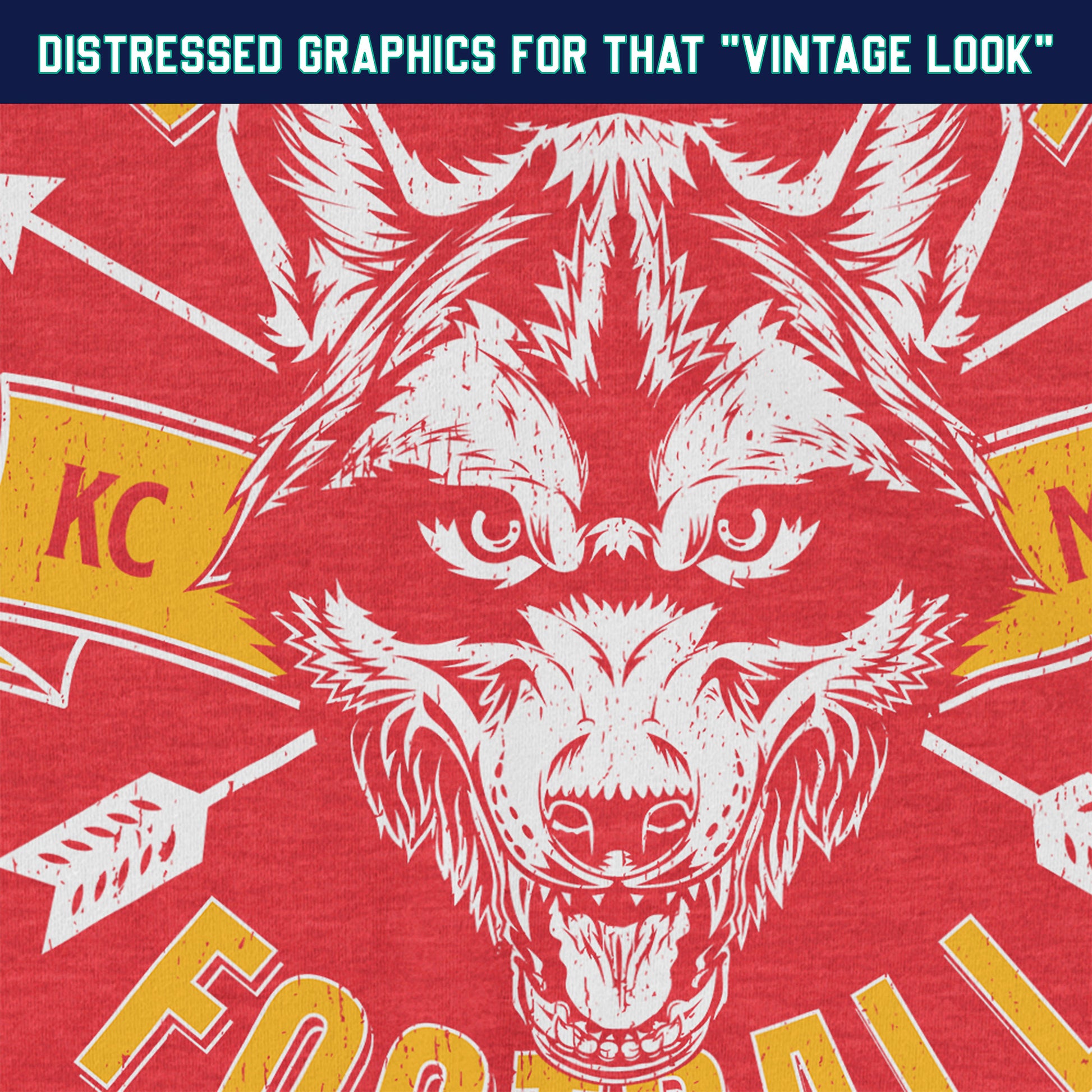 KC Swag Kansas City Chiefs WOLFPACK FOOTBALL with wolf head graphic on heather red t-shirt closeup details of distressed graphics