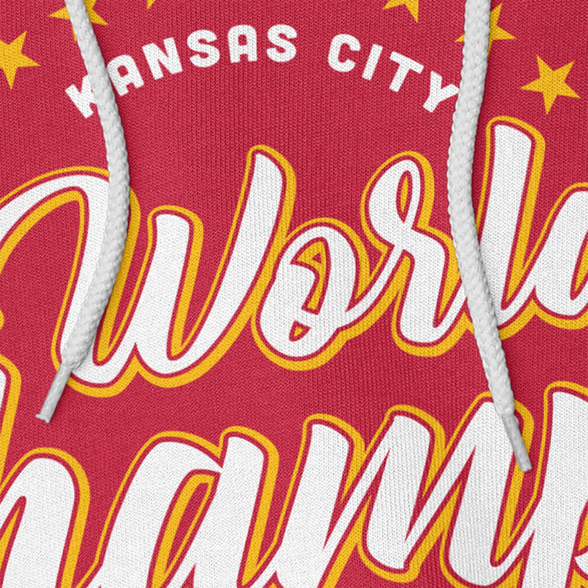 KC Swag Kansas City WORLD CHAMPS SBLIV on red fleece pullover hoodie closeup details of printed graphics