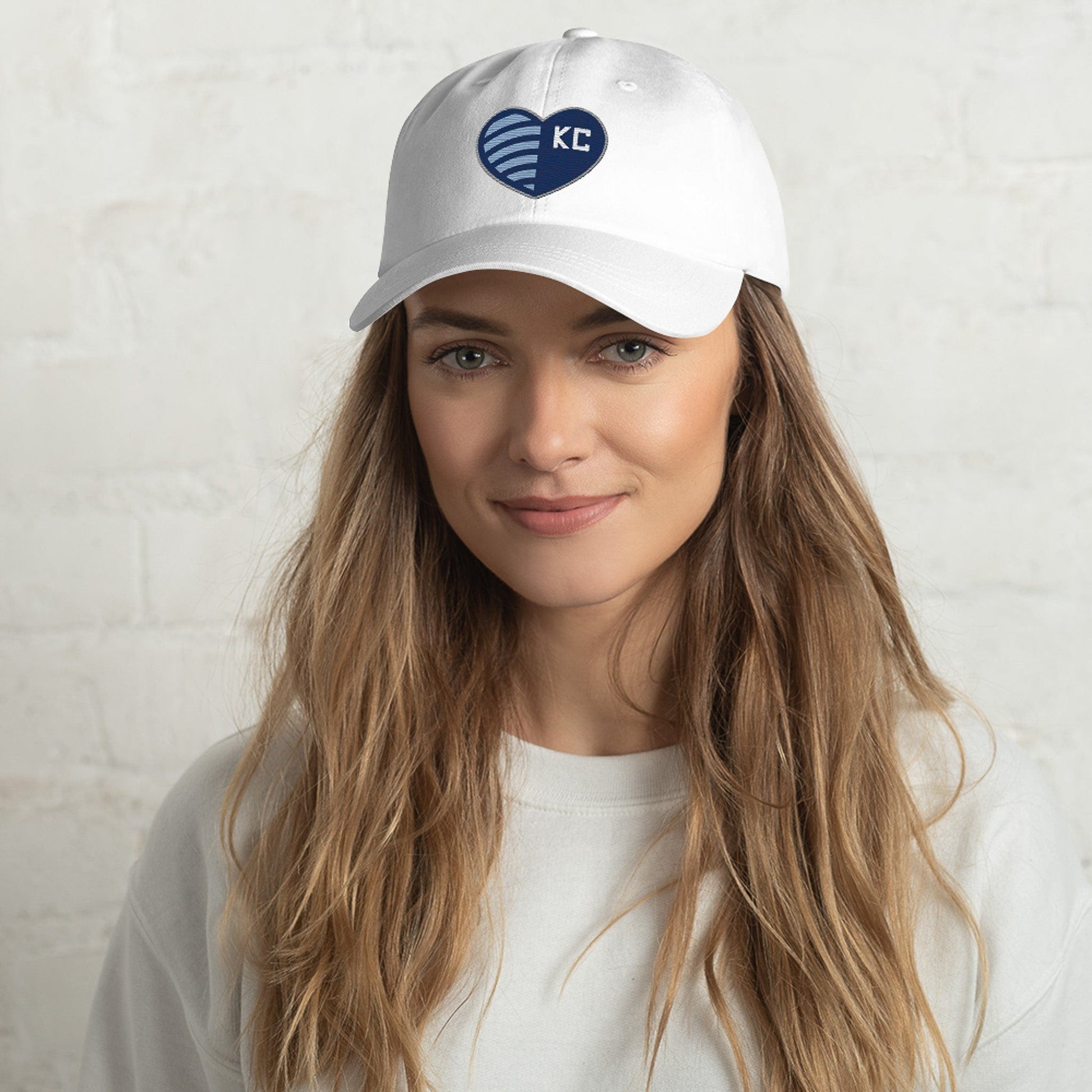 KC Swag Sporting Kansas City White Striped Heart Classic Dad Hat worn by female model